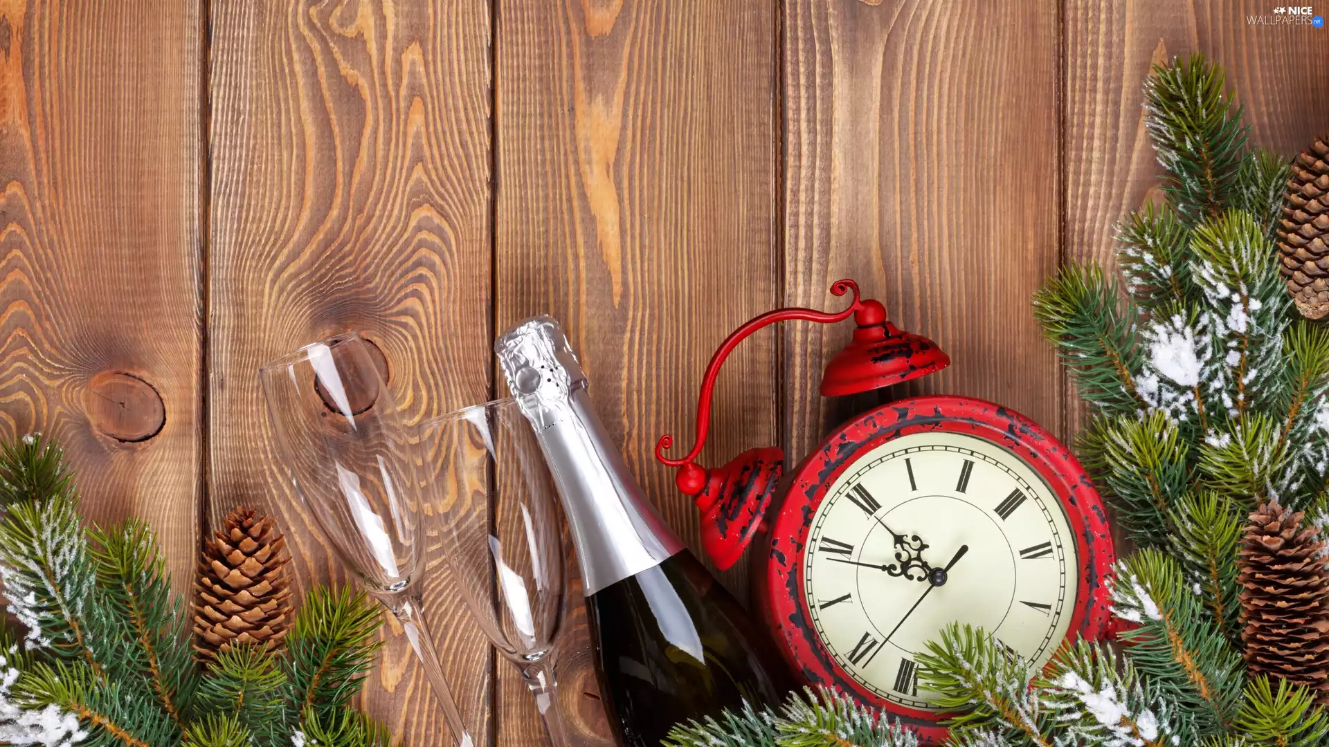 alarm clock, Champagne, boarding, glasses, cones, Red, composition, Twigs