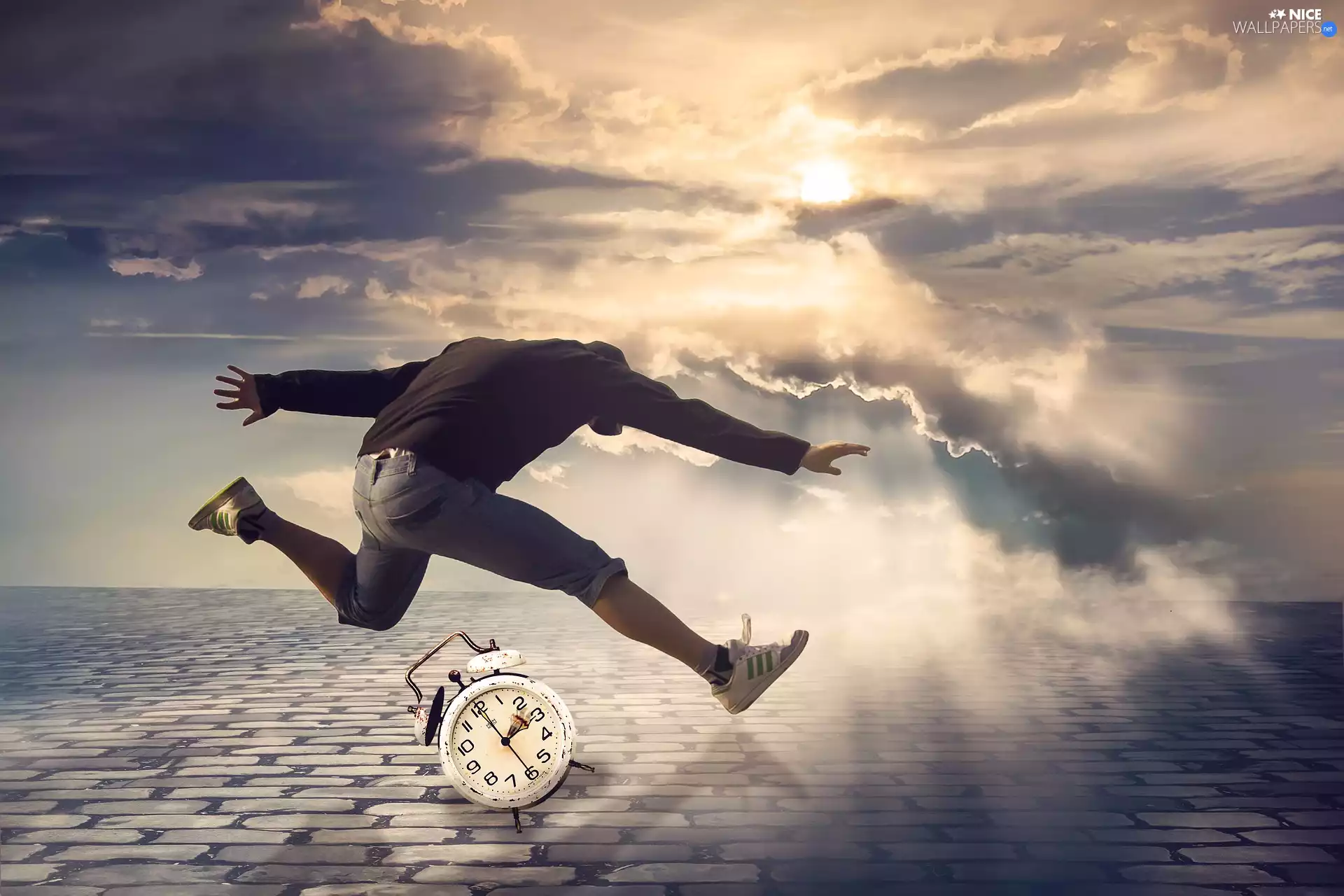 clouds, jump, time, light breaking through sky, a man, alarm clock, causeway
