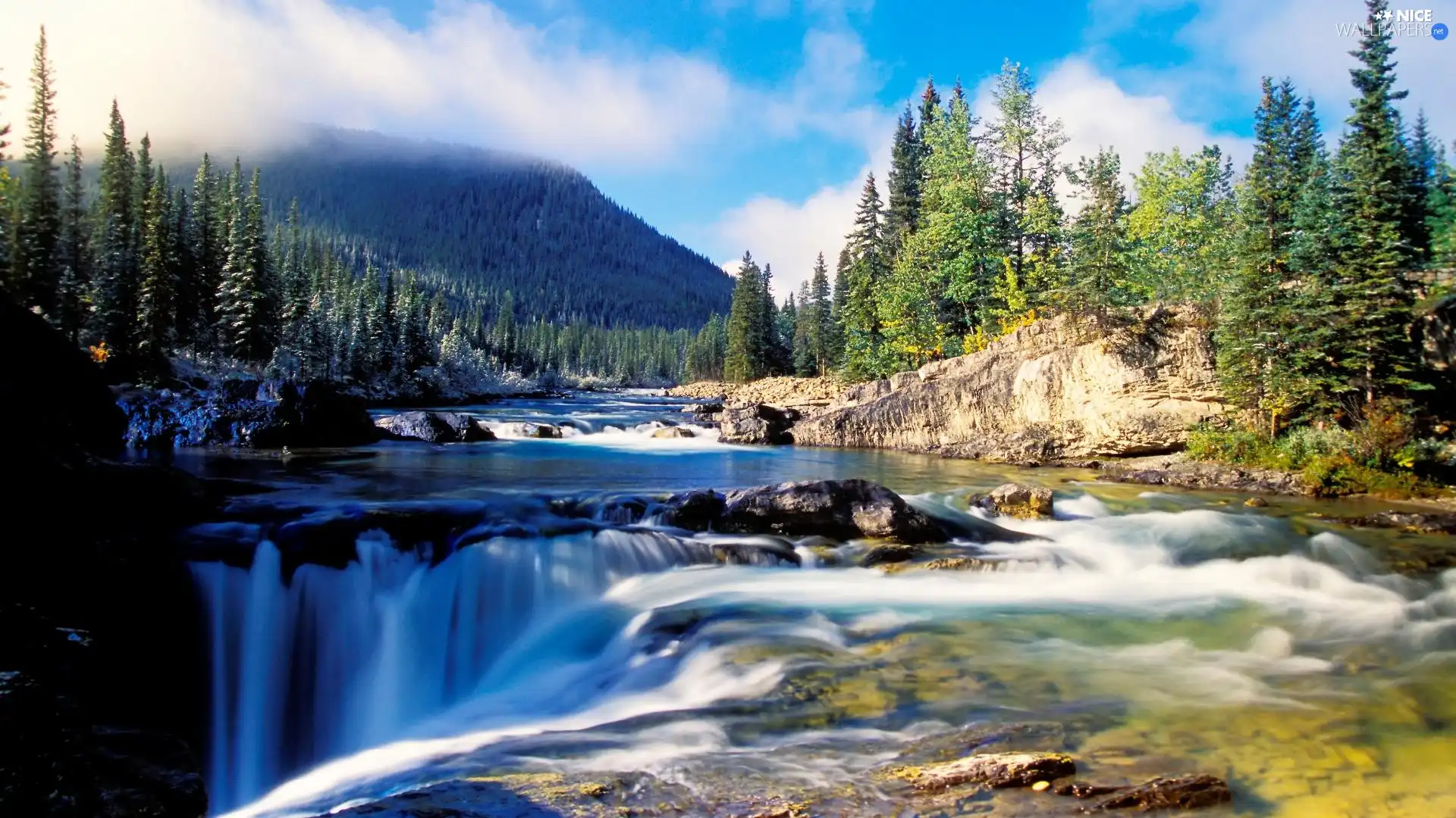 trees, waterfall, Alberta, Canada, viewes, River