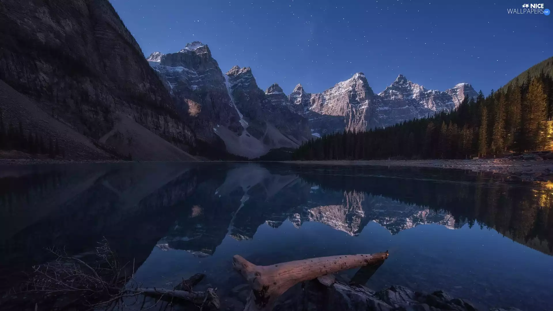 reflection, lake, Lod on the beach, Alberta, trees, Mountains, Moraine Lake, Canada, Banff National Park, viewes