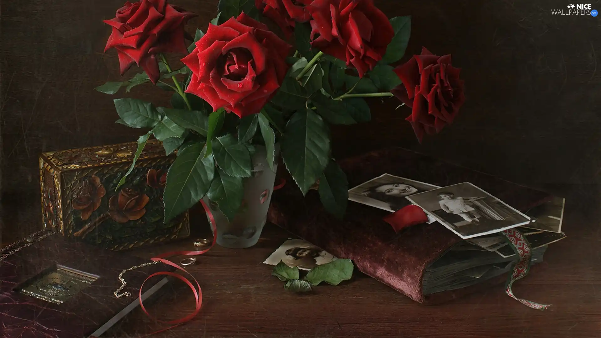 roses, Vase, albums, photos, old, Red