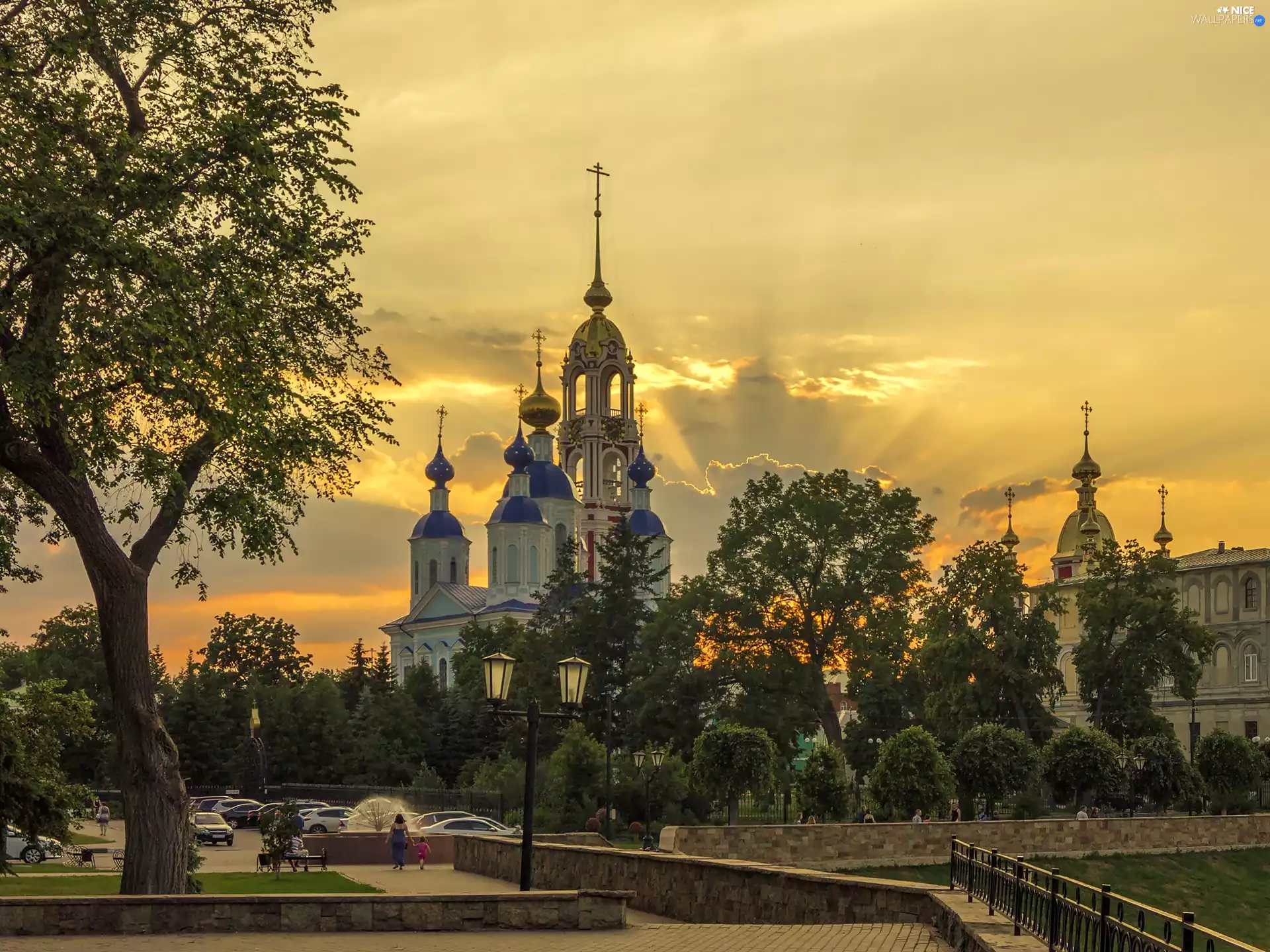 sun, Cerkiew, viewes, Alleys, trees, west