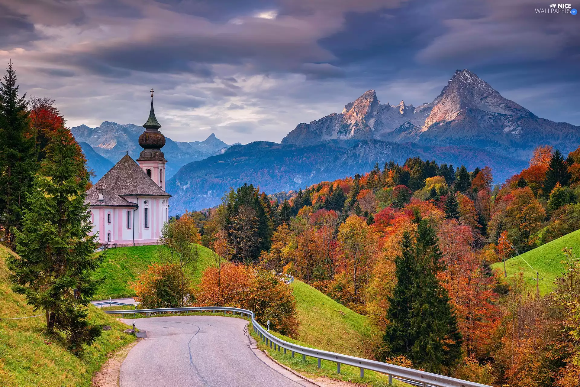 trees, Church, Way, viewes, Salzburg Slate Alps, Germany, Bavaria, autumn, Sanctuary of Maria Gern, Berchtesgaden, Mountains