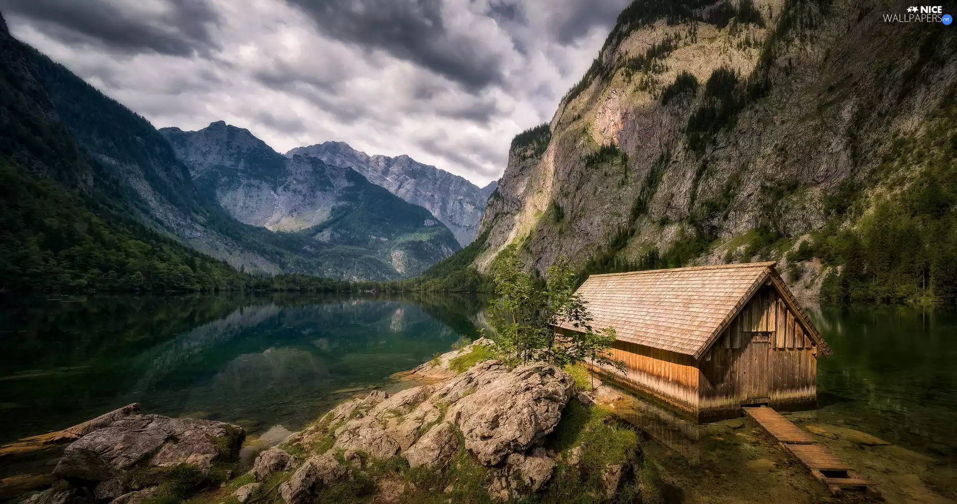 Stones, Obersee Lake, Alps Mountains, wooden, Bavaria, Germany, cote, Berchtesgaden National Park, Home