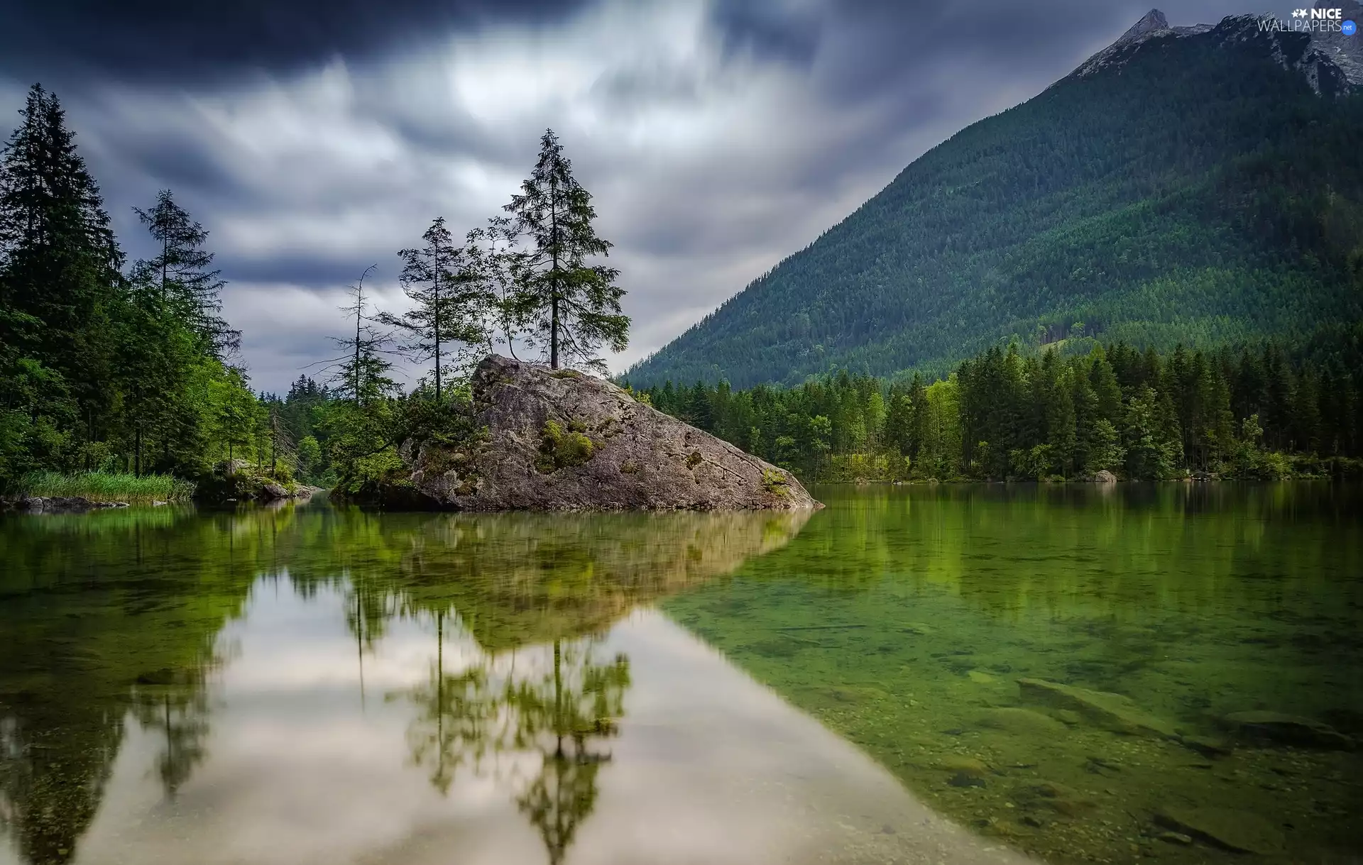 Alps Mountains, Bavaria, viewes, Germany, Lake Hintersee, trees, reflection
