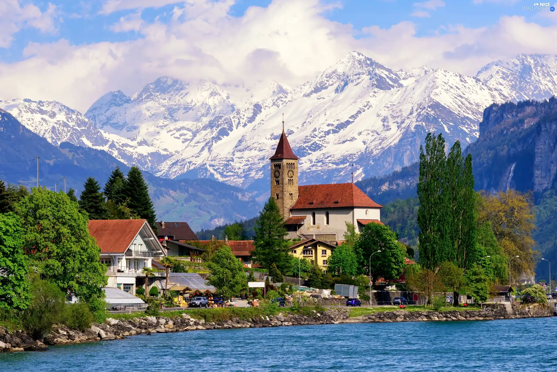 lake, village, Alps, Switzerland, Mountains, Houses