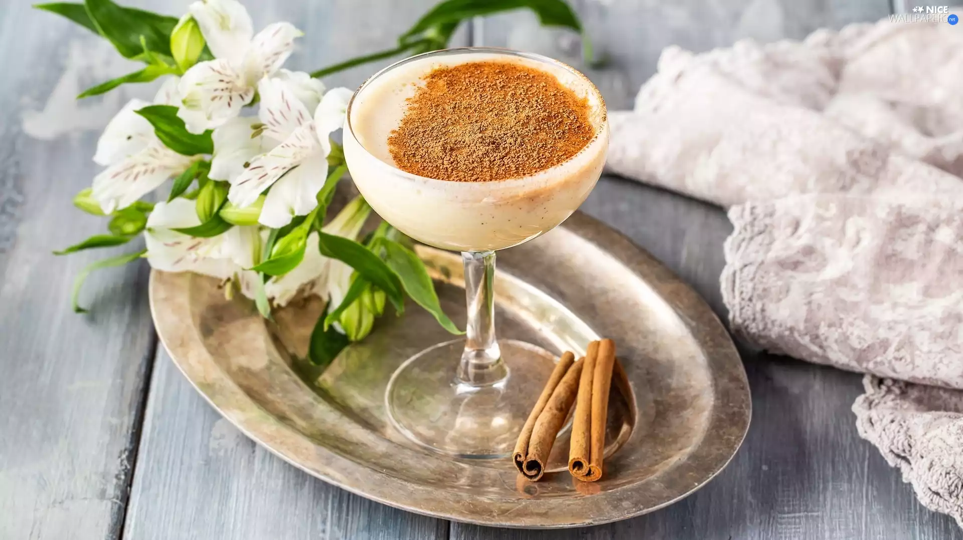 chocolate, cinnamon, boarding, Flowers, Tray, glass, Eggnog, Alstroemeria