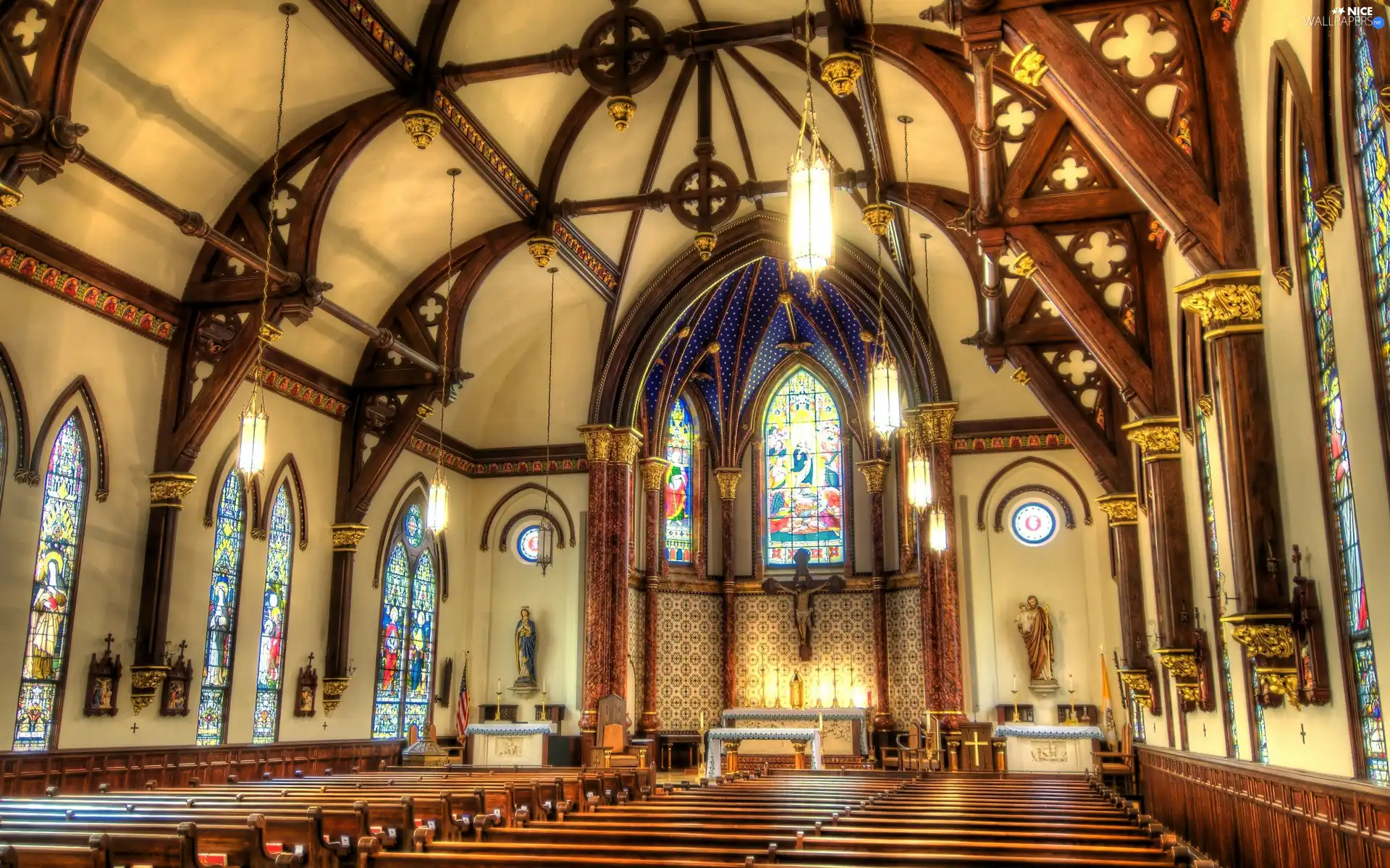 altar, vault, bench, stained glass, Church