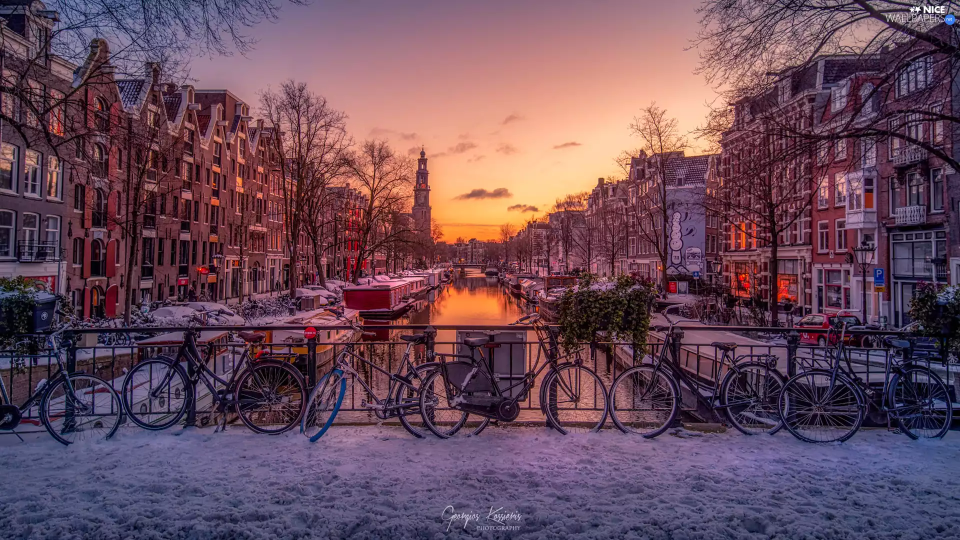 Amsterdam, Netherlands, canal, Houses, viewes, winter, Bikes, trees, Sunrise