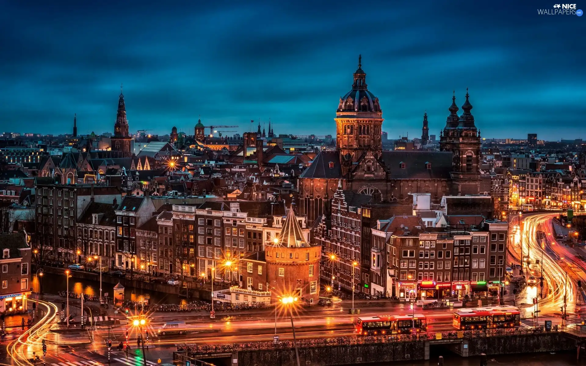 Night, Churches, panorama, Streets, Houses, Amsterdam, town