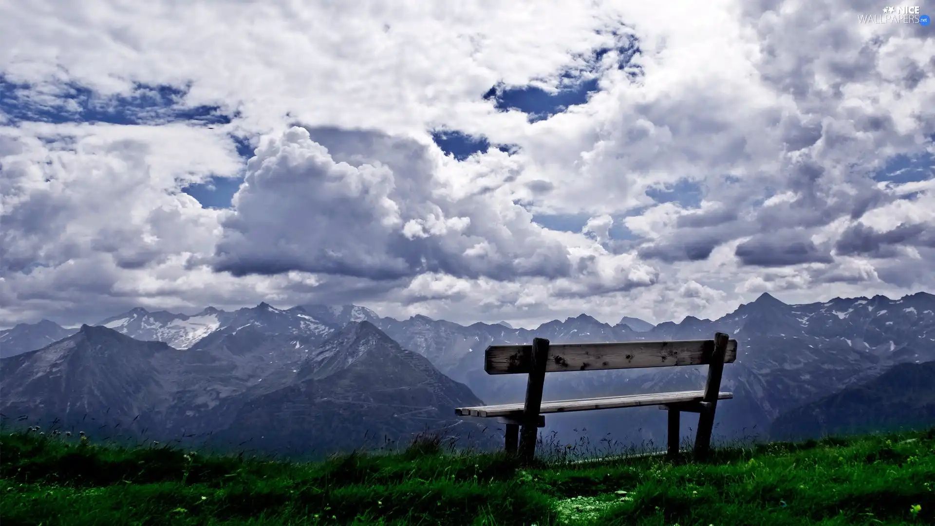 an, Mountains, Bench, View, clouds