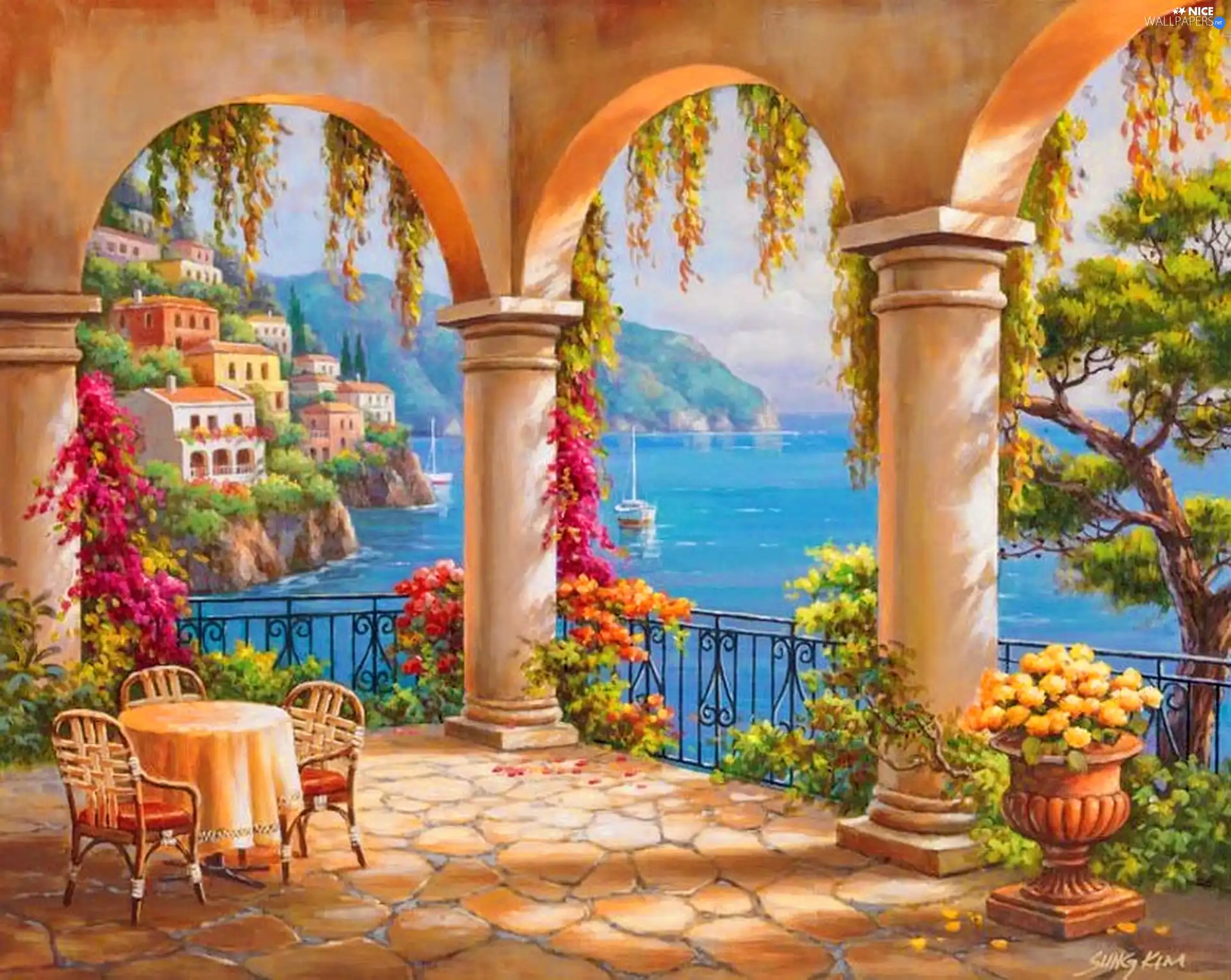 Flowers, terrace, an, sea, View, table