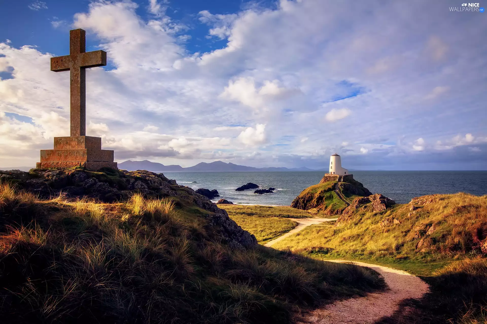 sea, Cross, Llanddwyn Anglesey, wales, Island, Lighthouses