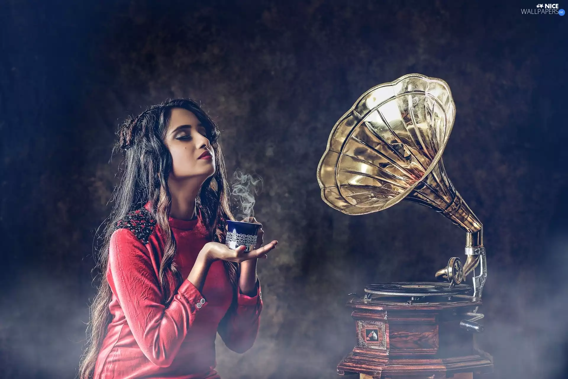 gramophone, antique, coffee, gramophone, Women