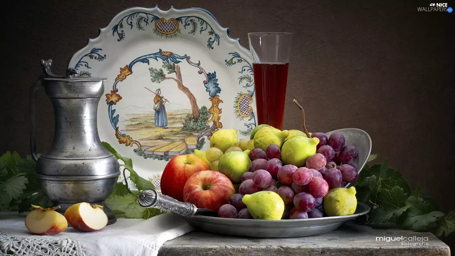 Grapes, Fruits, decorated, apples, composition, jug, plate