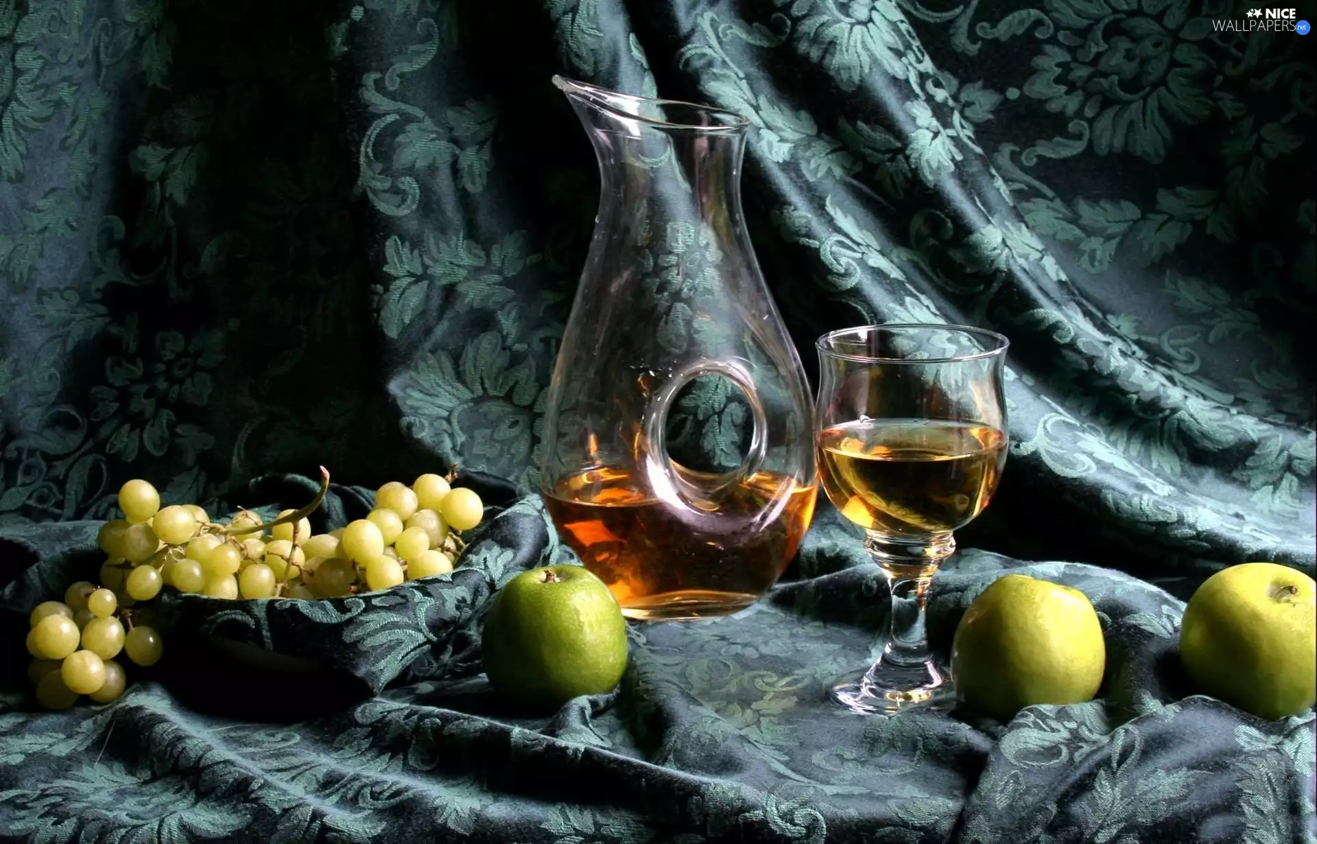 Grapes, carafe, glass, apples