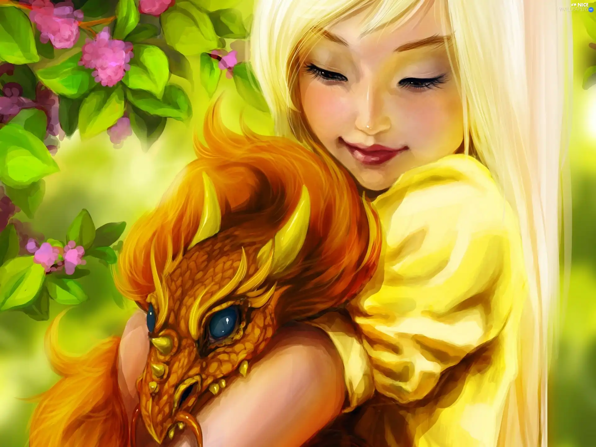 Art, girl, Dragon