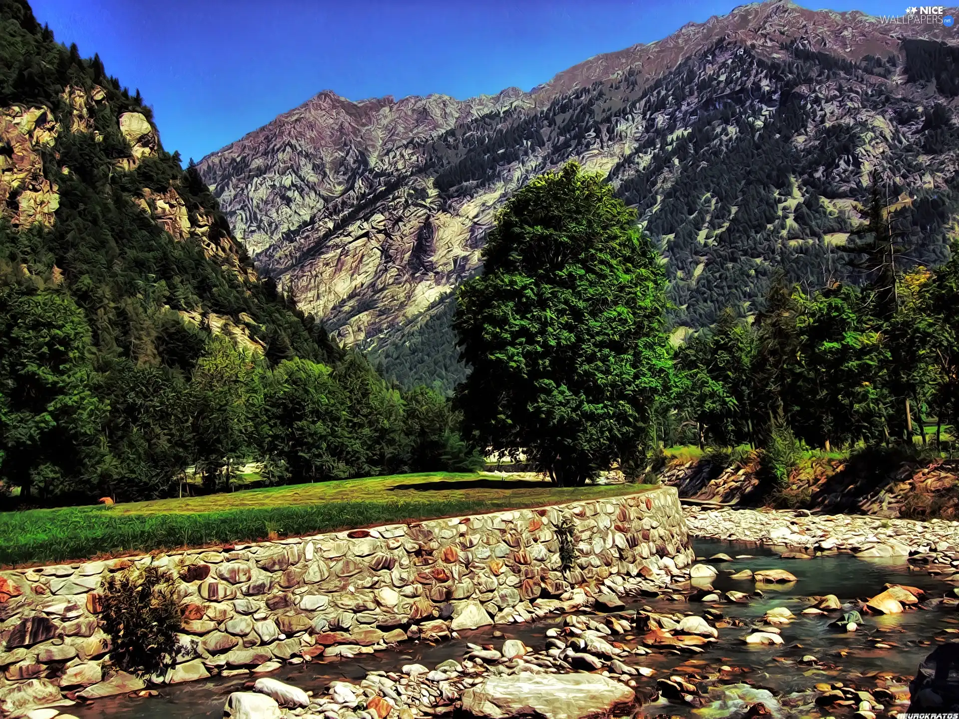 Art, Mountains, River