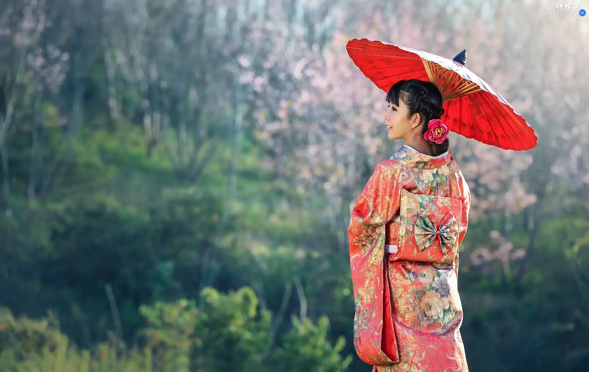 red hot, umbrella, Asian, kimono, Women
