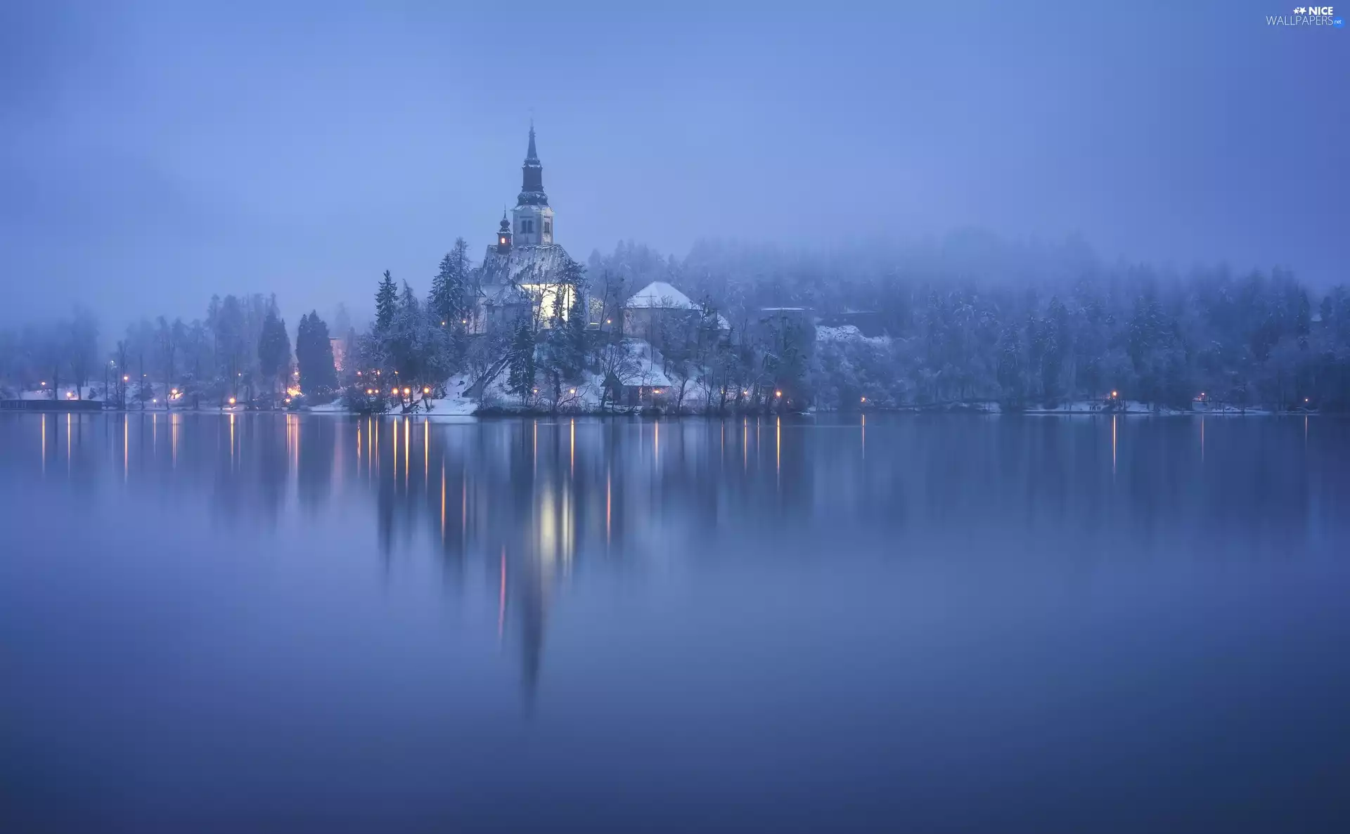 Lake Bled, Church of the Assumption of the Virgin Mary, reflection, winter, light, Blejski Otok Island, Slovenia, Fog