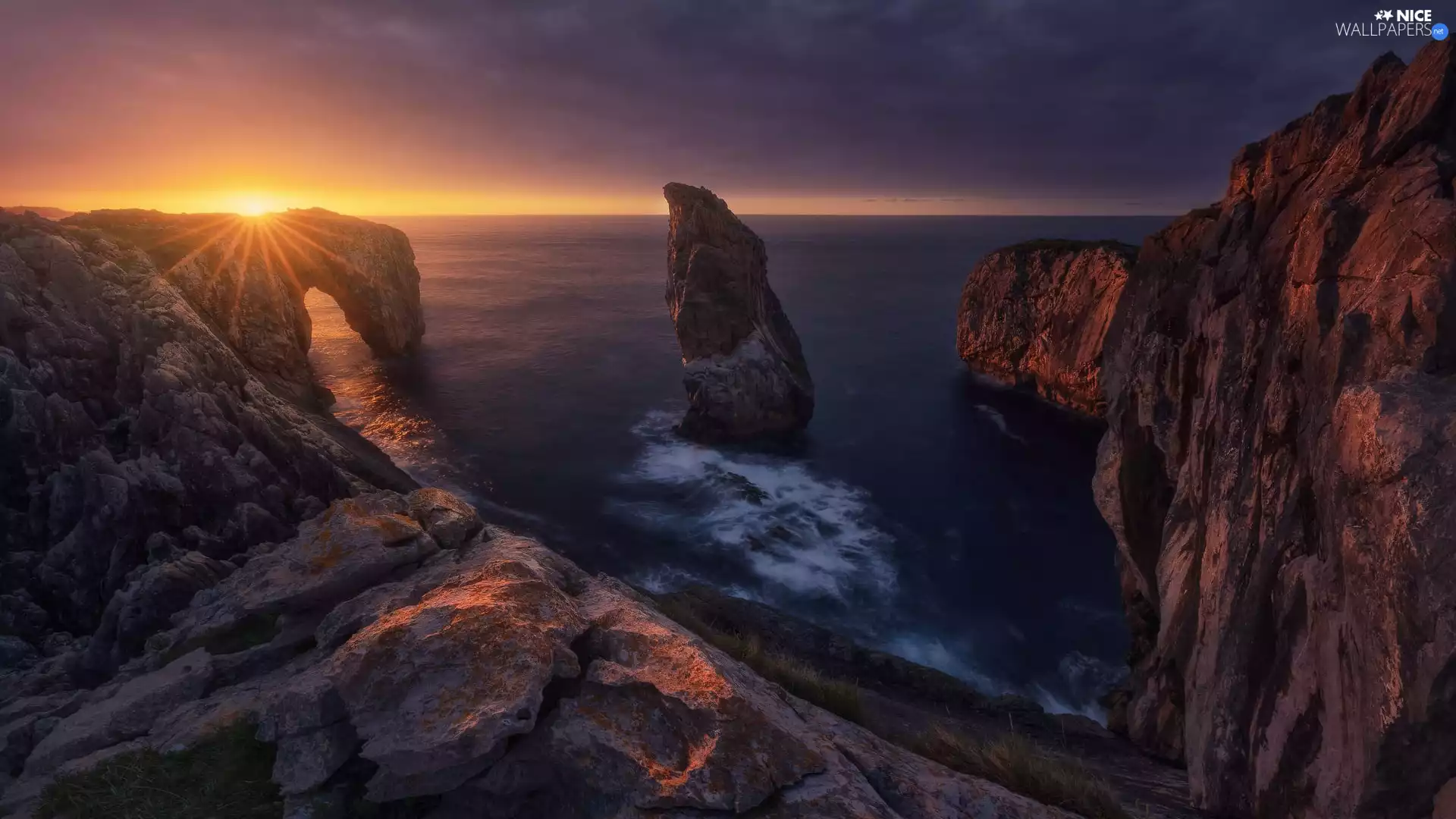 Great Sunsets, sea, Asturias, Spain, clouds, rocks