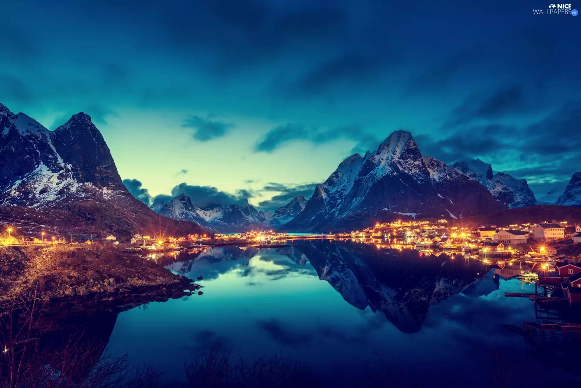 Mountains, light, City at Night, lake