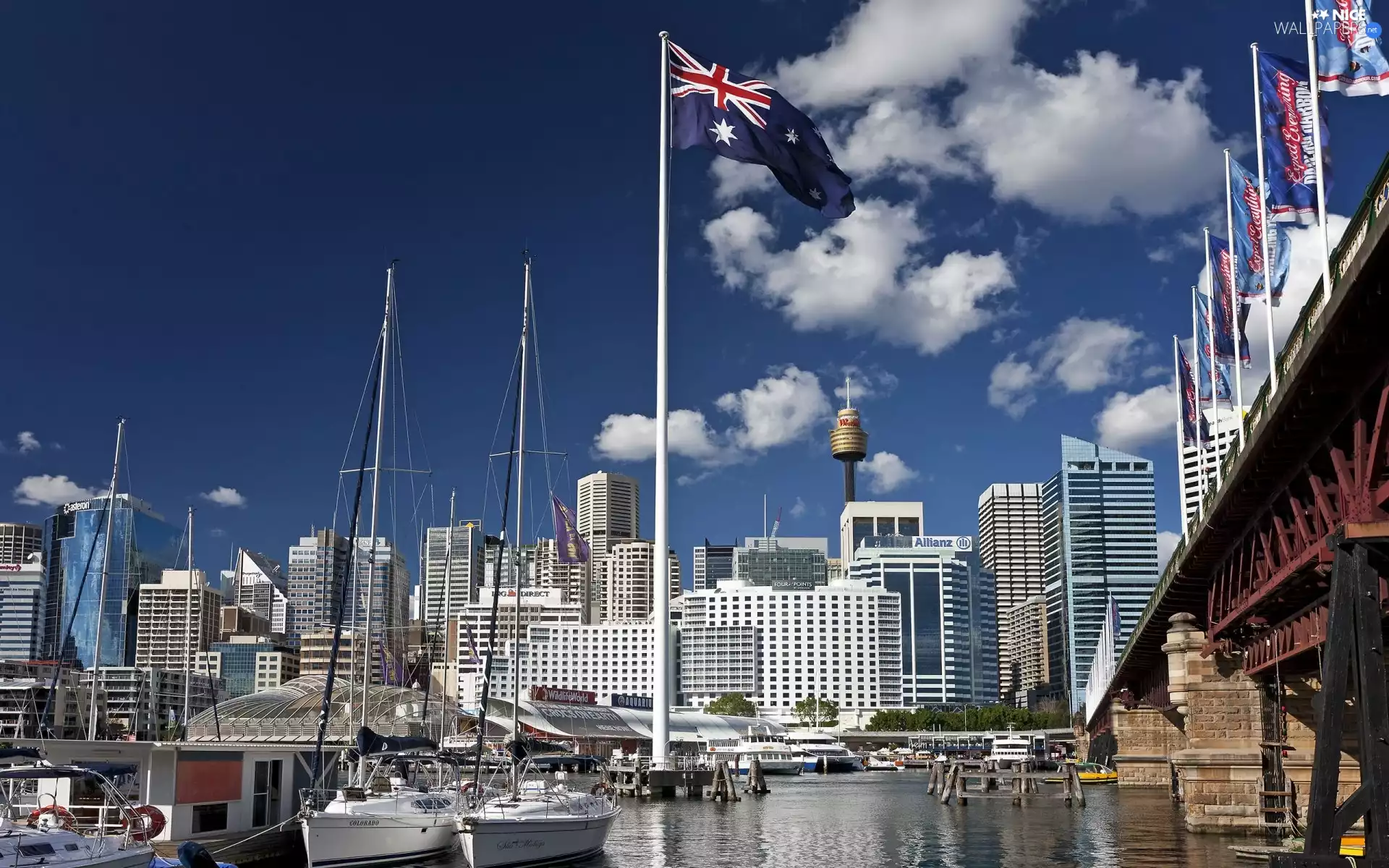 skyscraper, Harbour, flag, Australia, bridge, Yachts