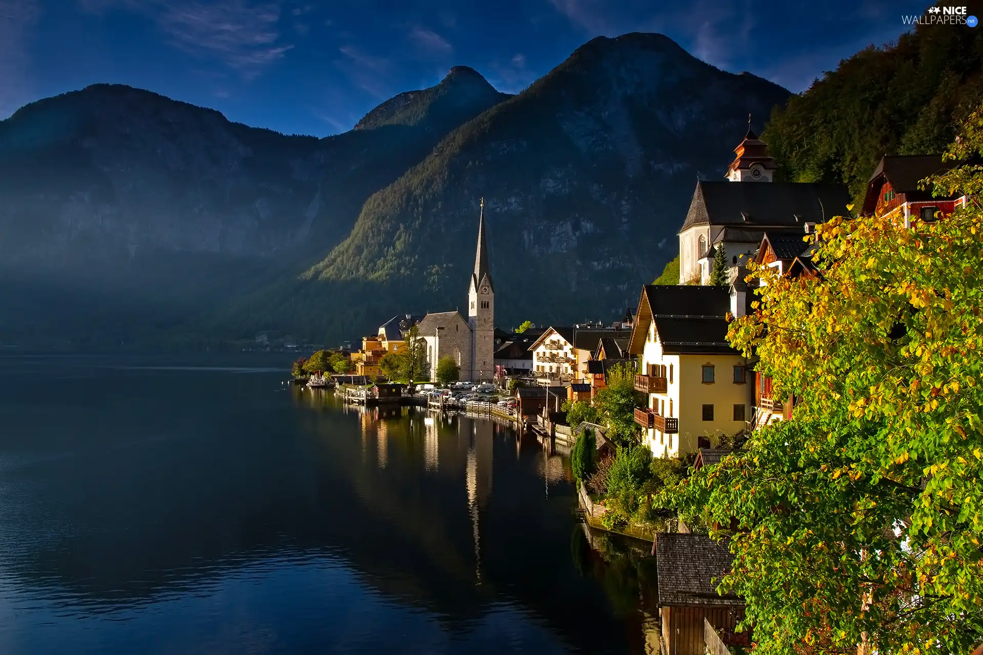 Night, Hallstatt, Hallstattersee Lake, viewes, Houses, Austria, Mountains, morning, trees, Church