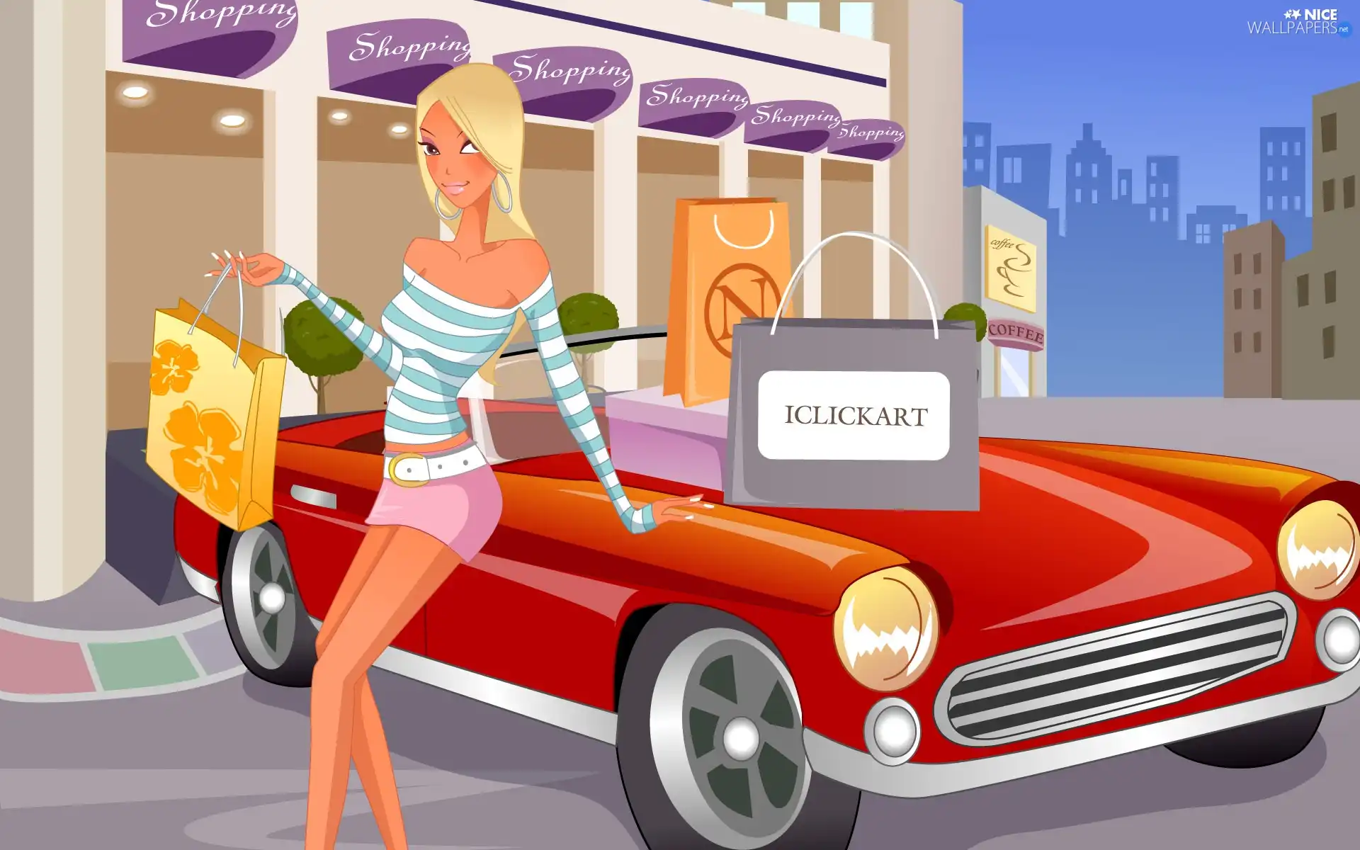 Blonde, graphics, Automobile, shopping, Red, Houses