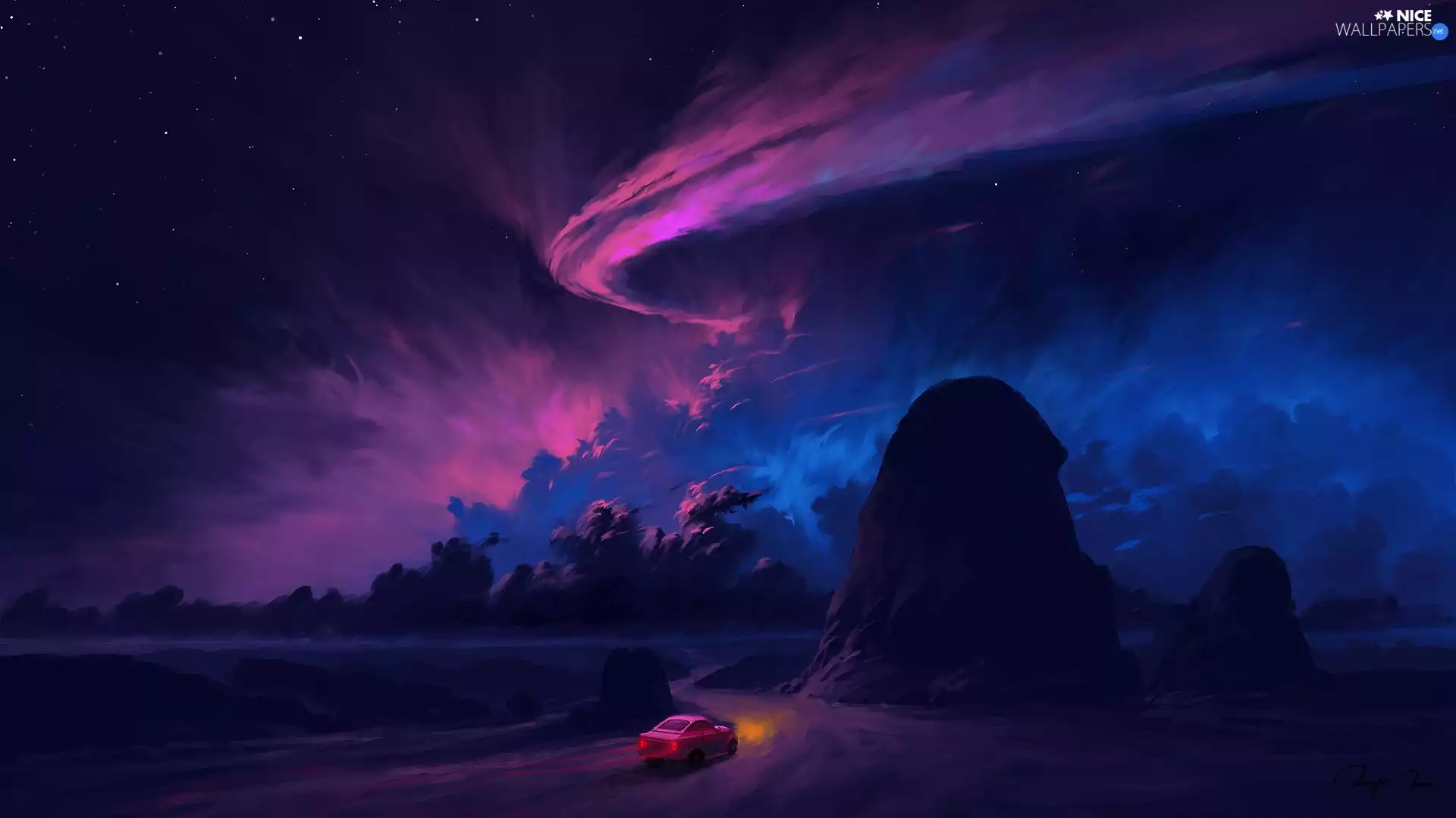 clouds, graphics, Way, Automobile, rocks, aurora polaris