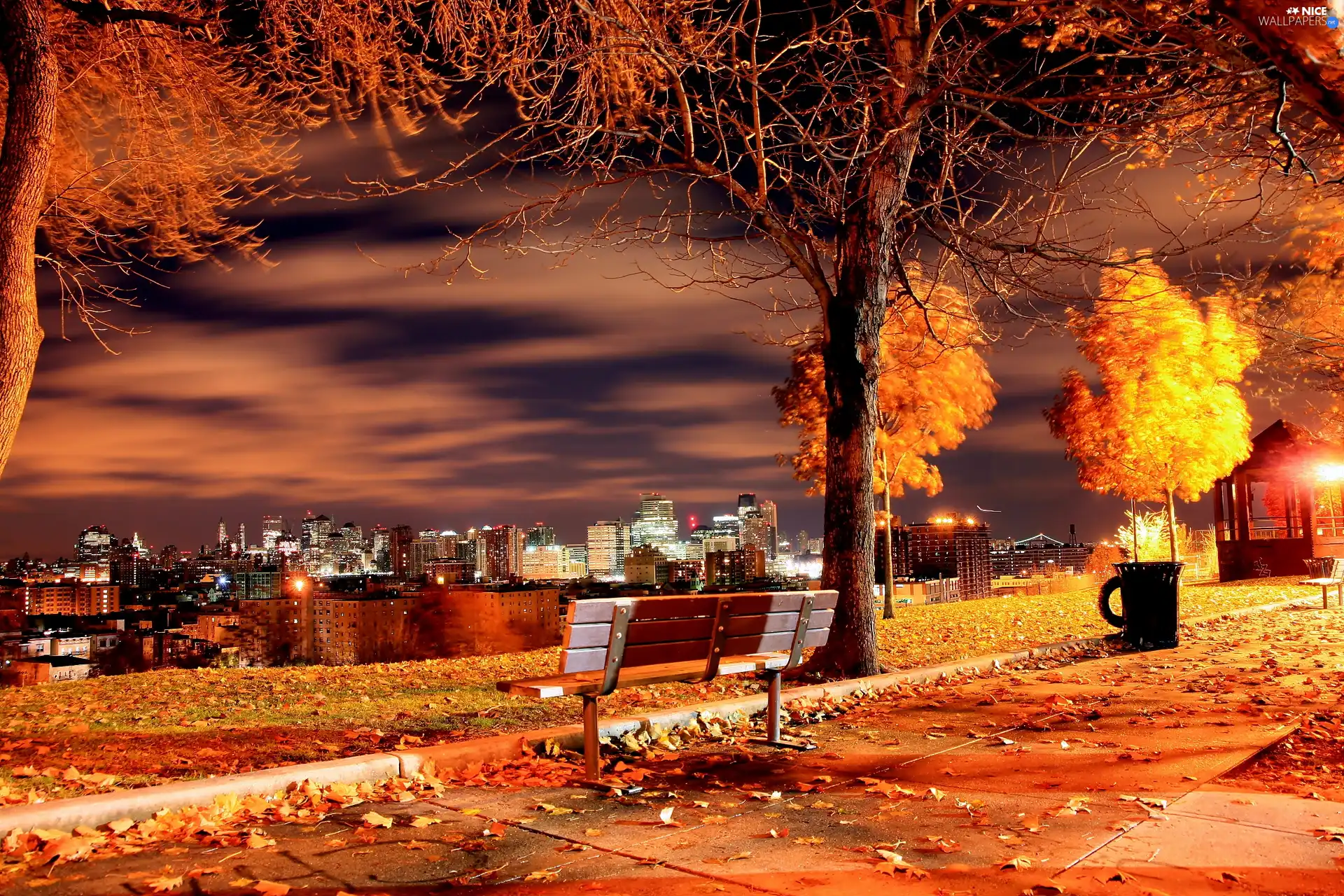 autumn, Town, Bench