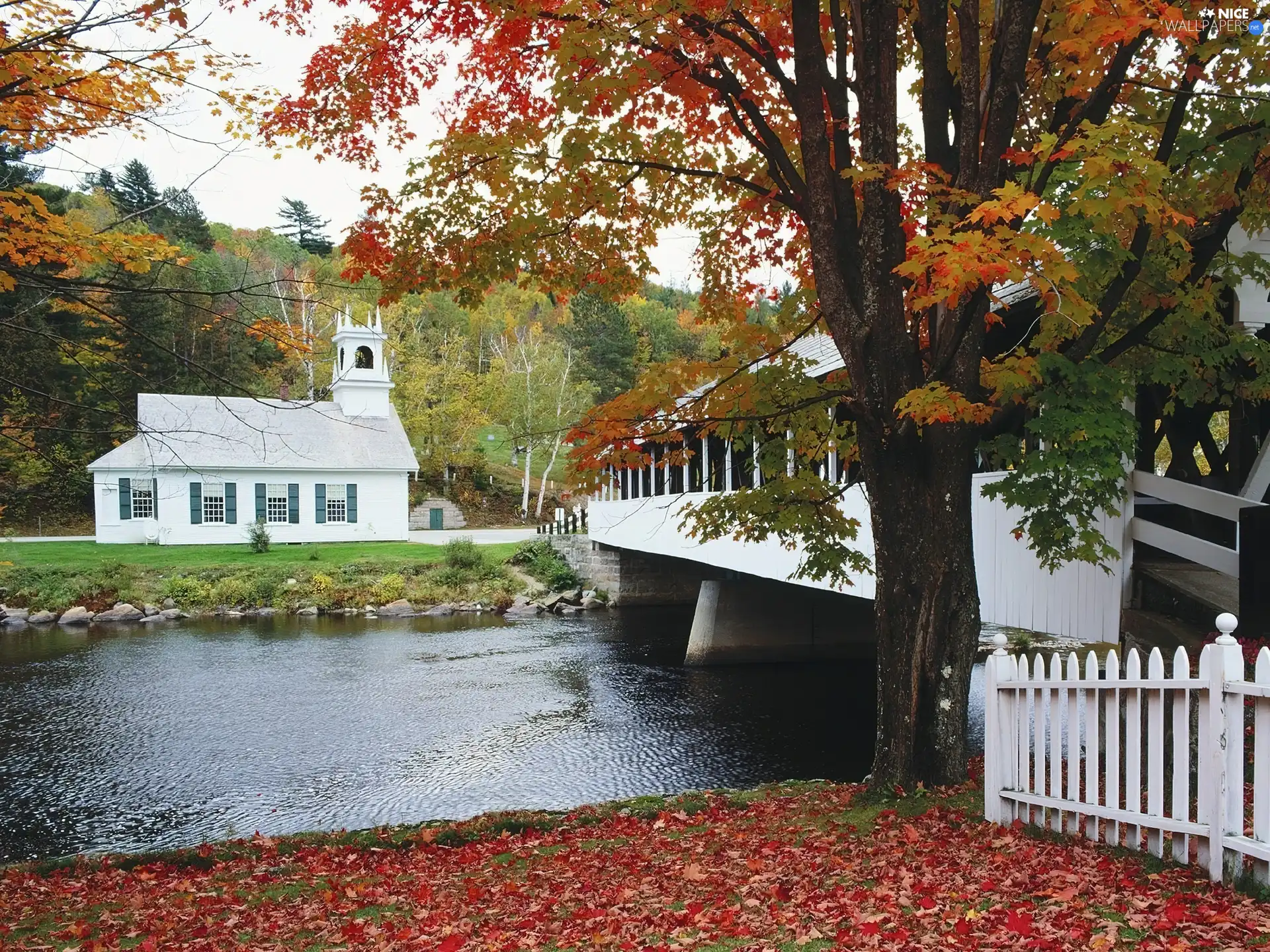 Church, River, autumn, bridge