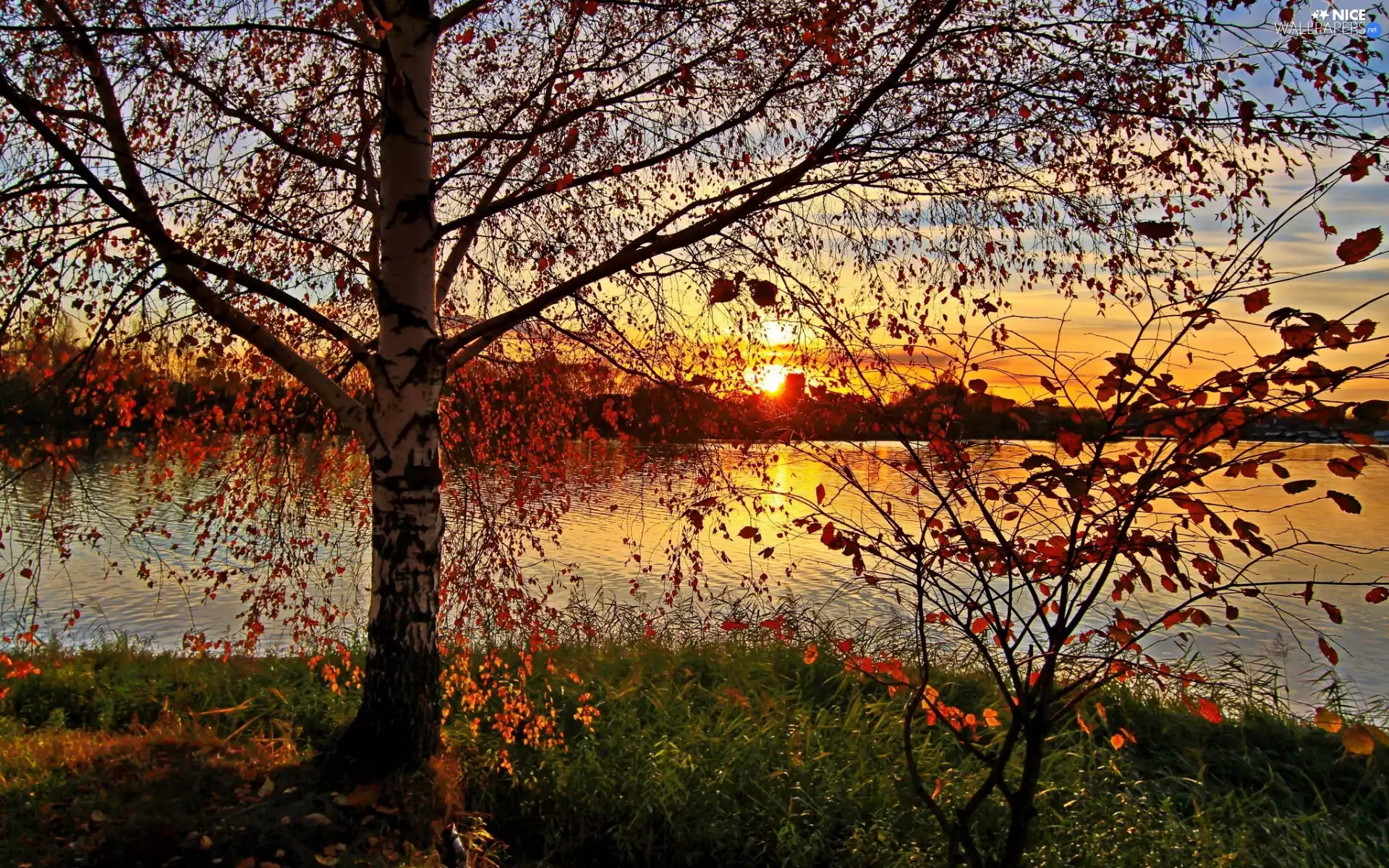 sun, autumn, clouds, west, lake