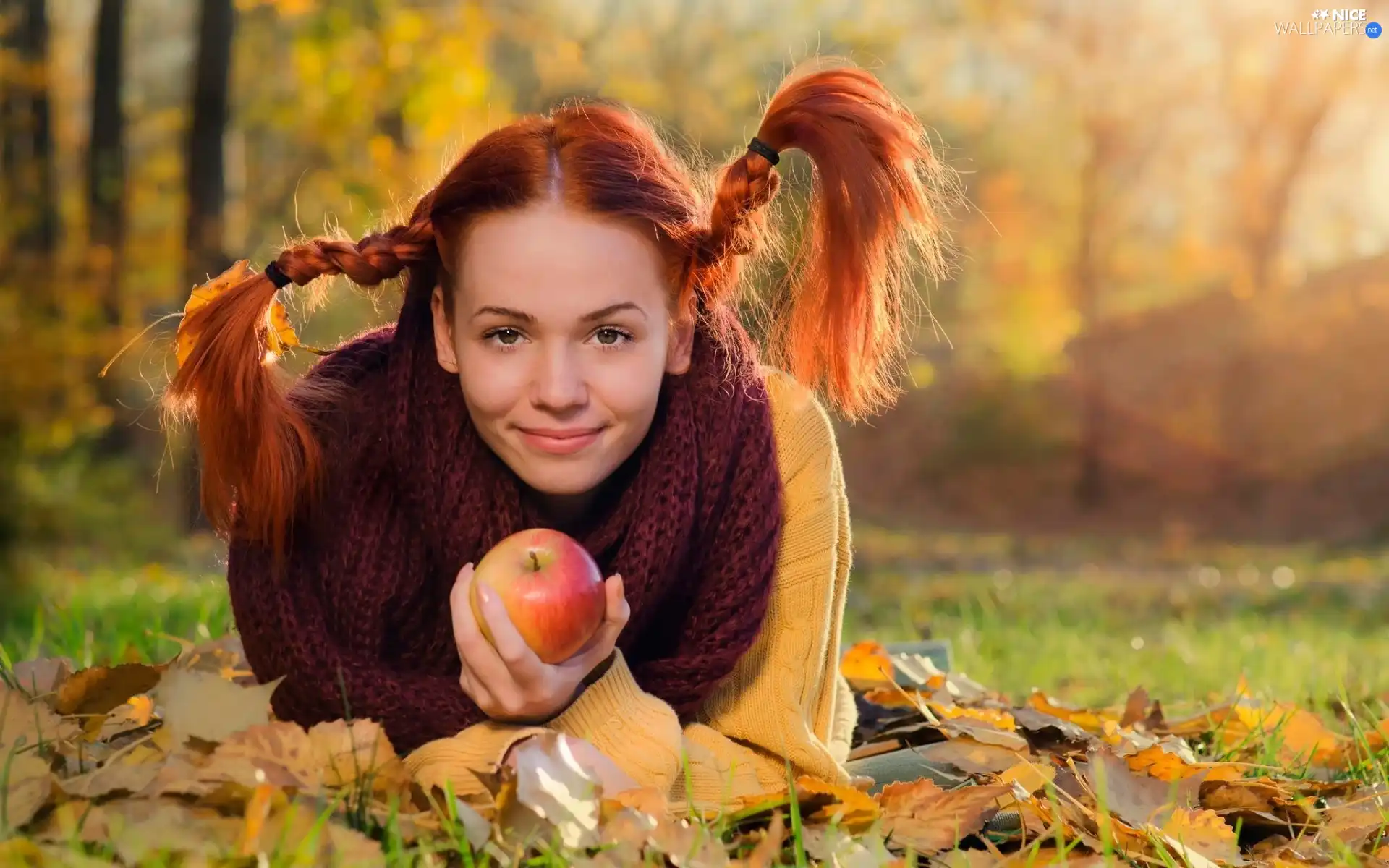pigtail, red head, Leaf, Hair, Women, autumn, Apple