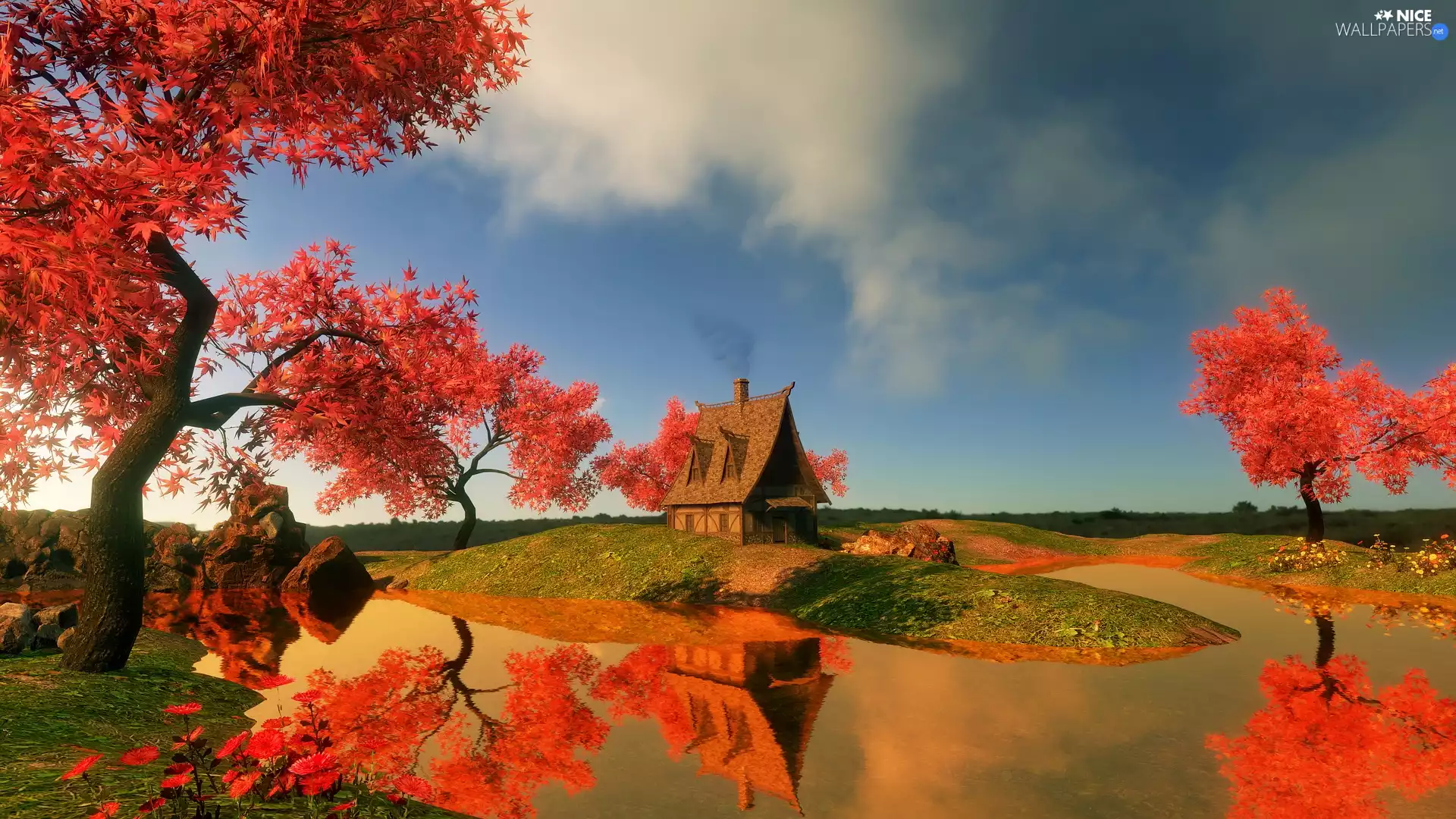 rocks, Hill, Flowers, trees, Home, Pond - car, clones, autumn, 2D, viewes, Old car, small