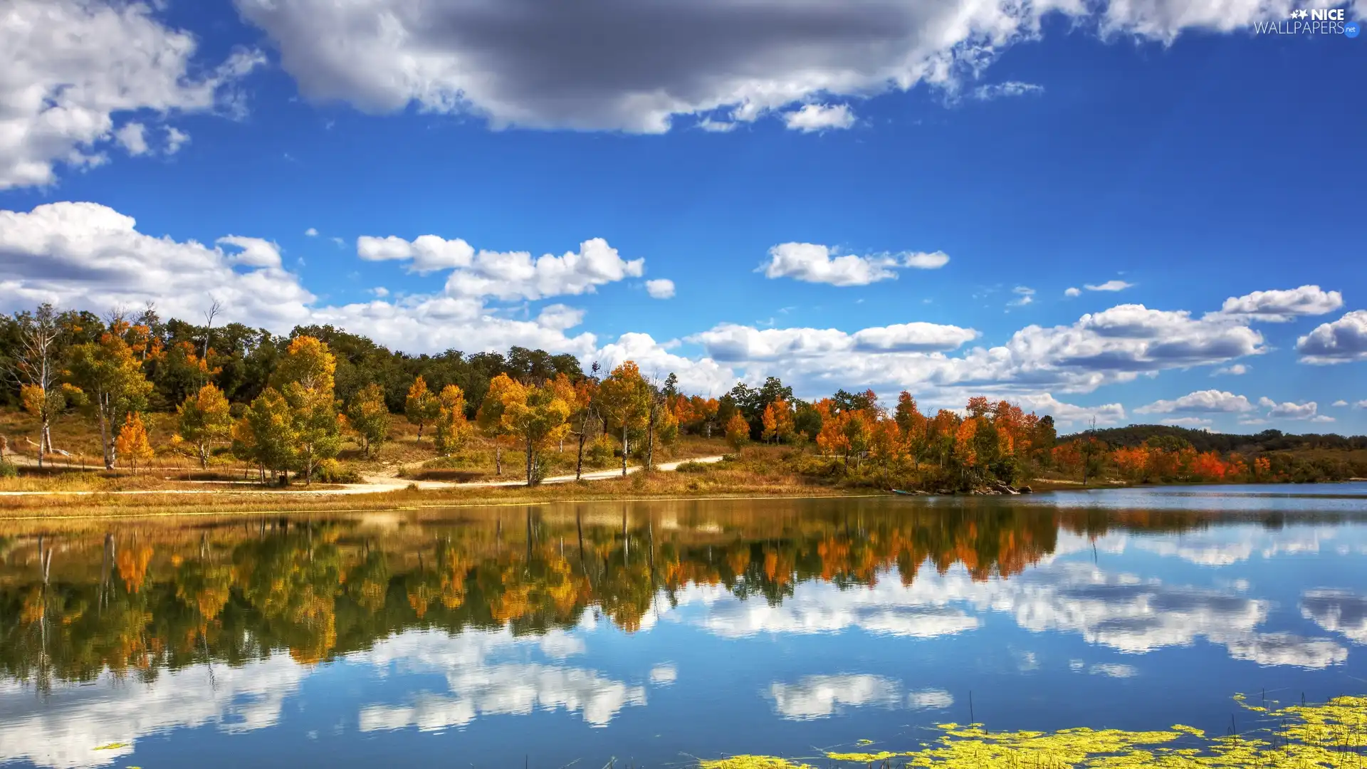 lake, clouds, autumn, woods