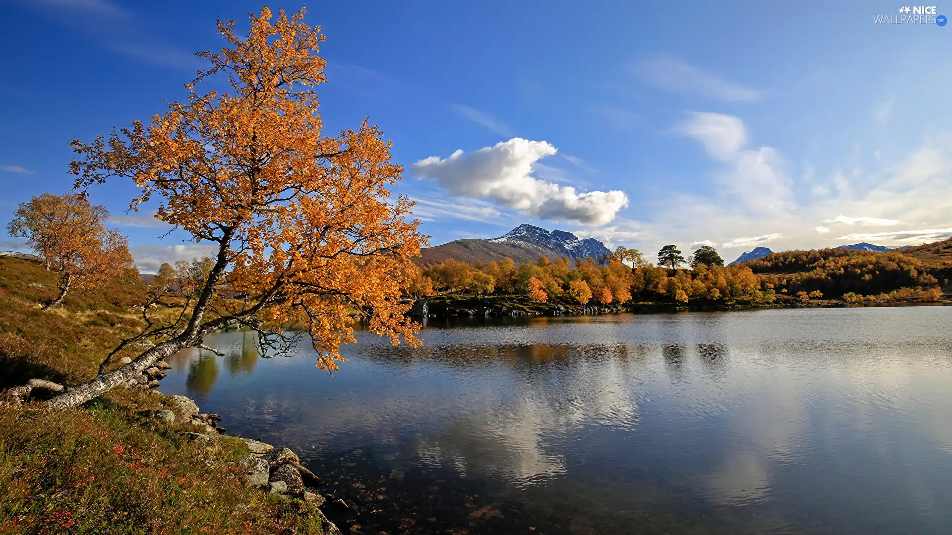 clouds, autumn, lake, Mountains, trees