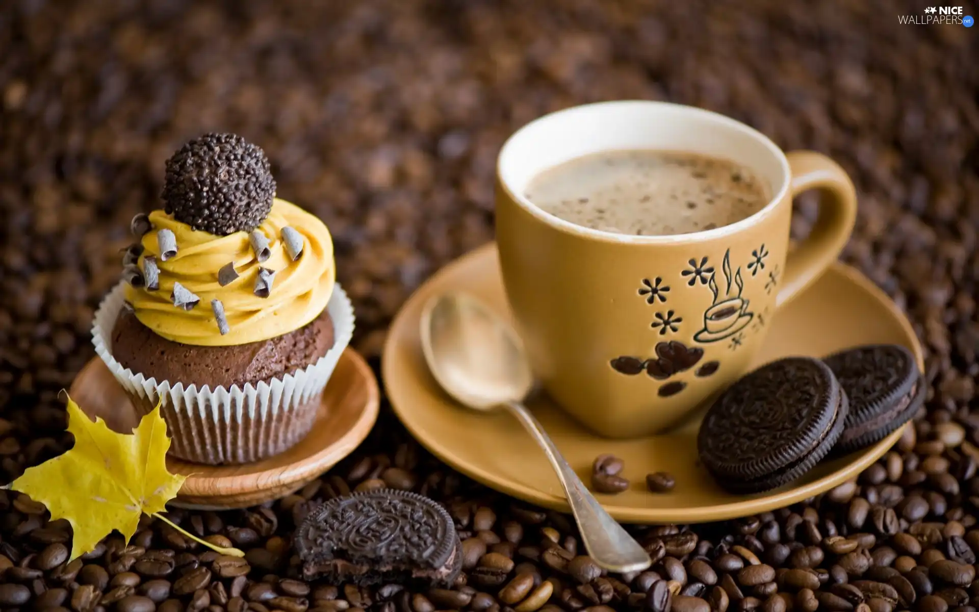 Autumn, leaf, coffee, Cookies, cup