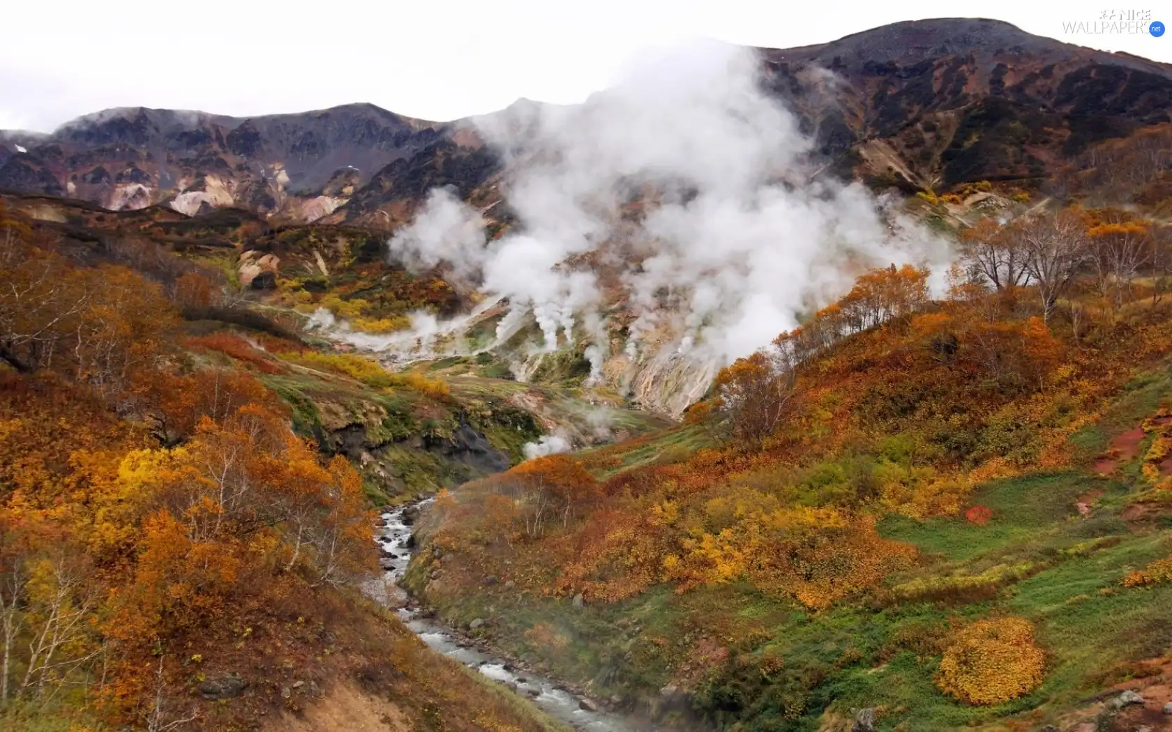 Mountains, stream, autumn, clouds