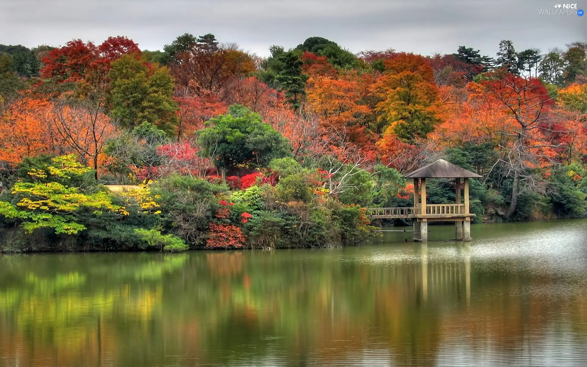 autumn, Platform, trees, viewes, lake