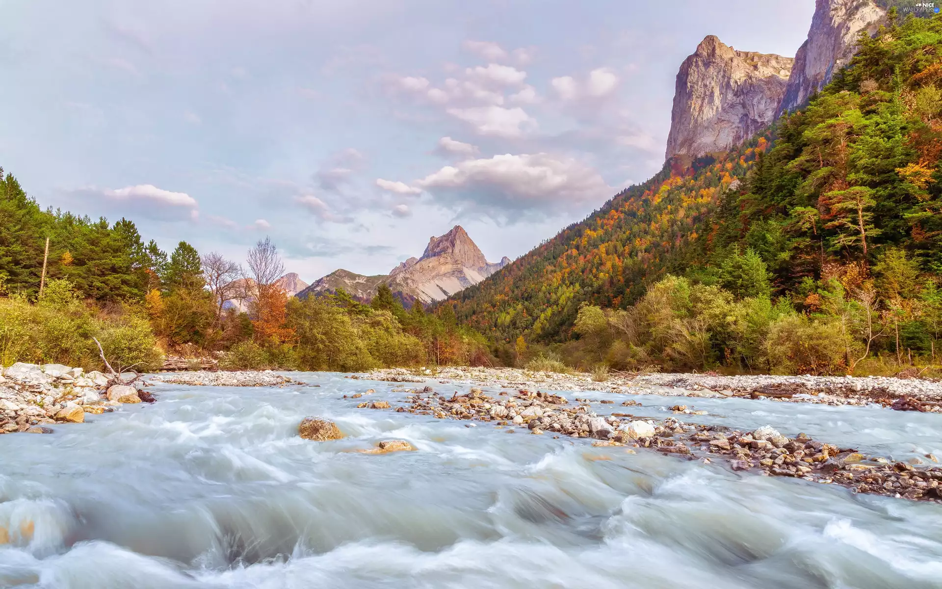 Stones, Mountains, viewes, autumn, trees, River