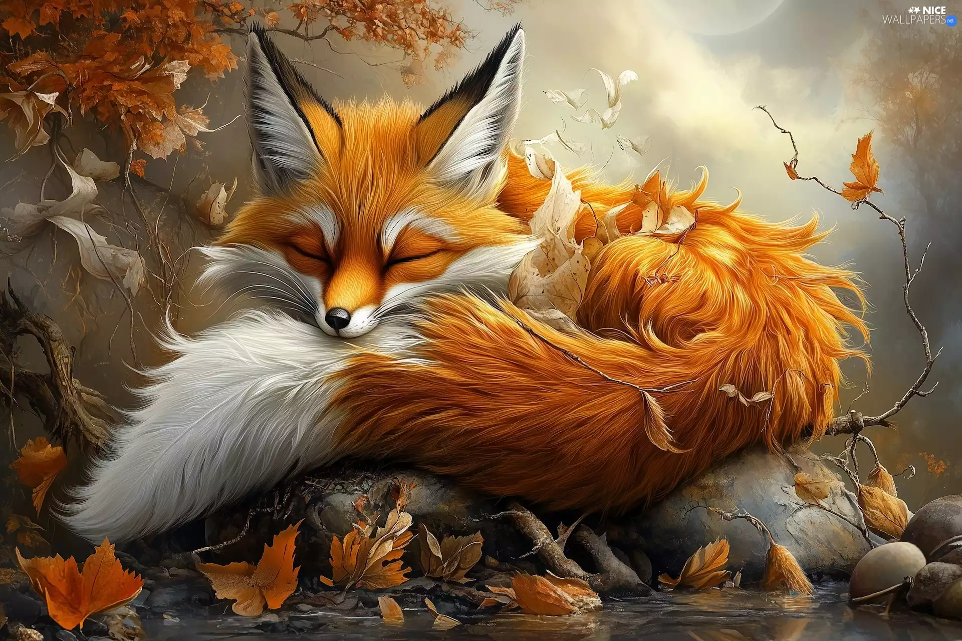 Fox, graphics, Leaf, Autumn, ginger, sleepy