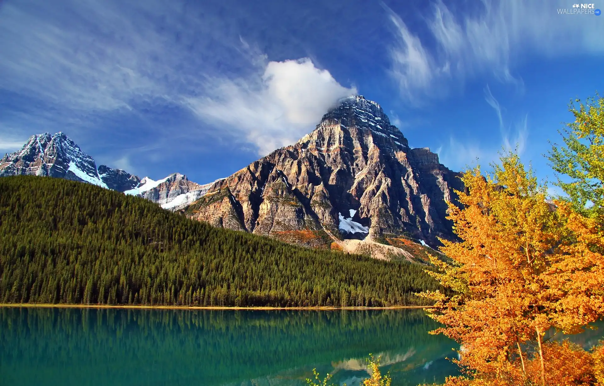 Autumn, trees, woods, lake, Mountains