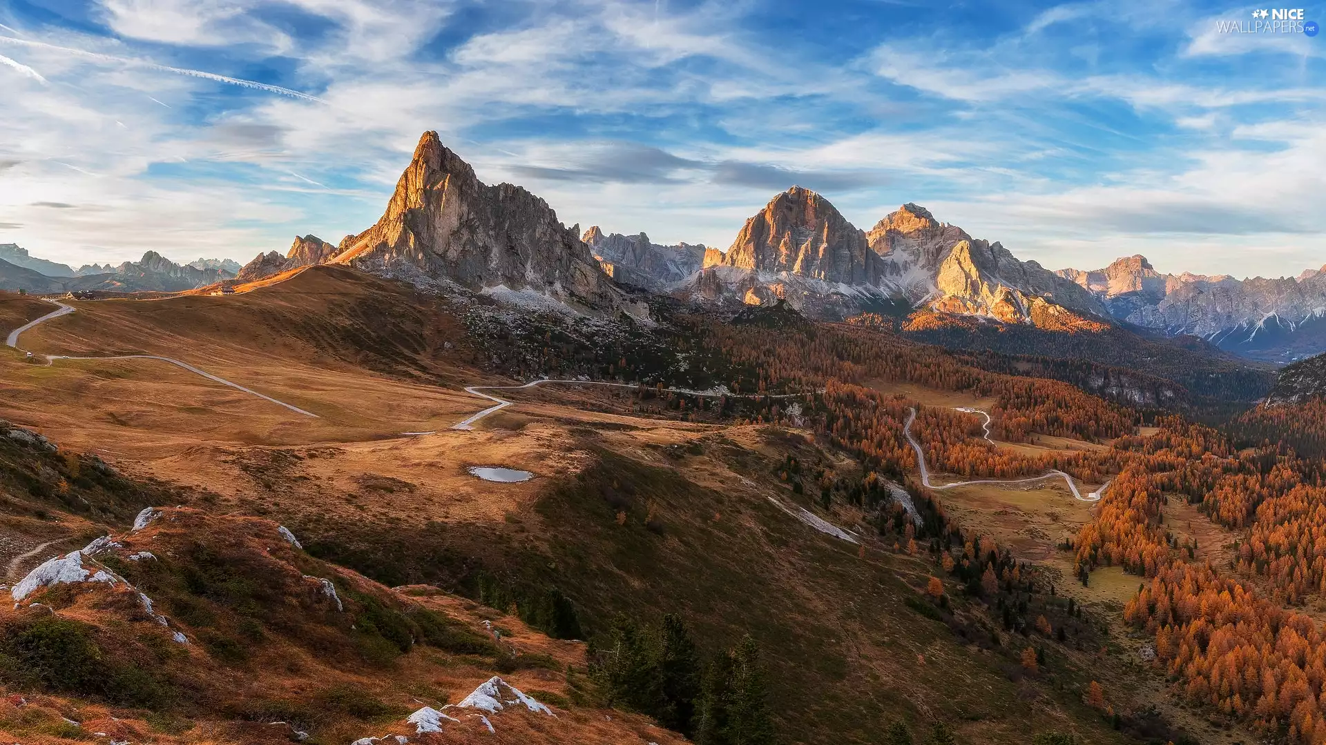 Province of Belluno, Italy, pass, Mountains, Way, autumn, viewes, Dolomites, Mountains, trees, Passo di Giau