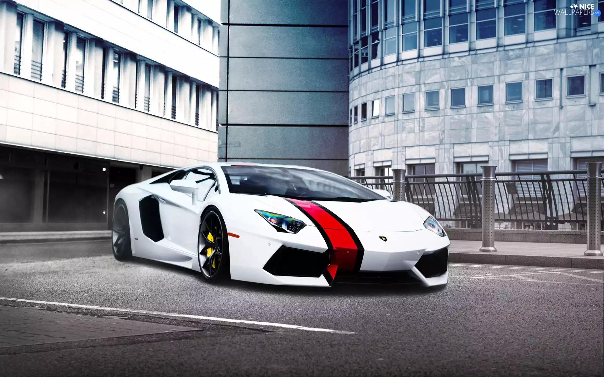 Lamborghini, parking, skyscrapers, Aventador