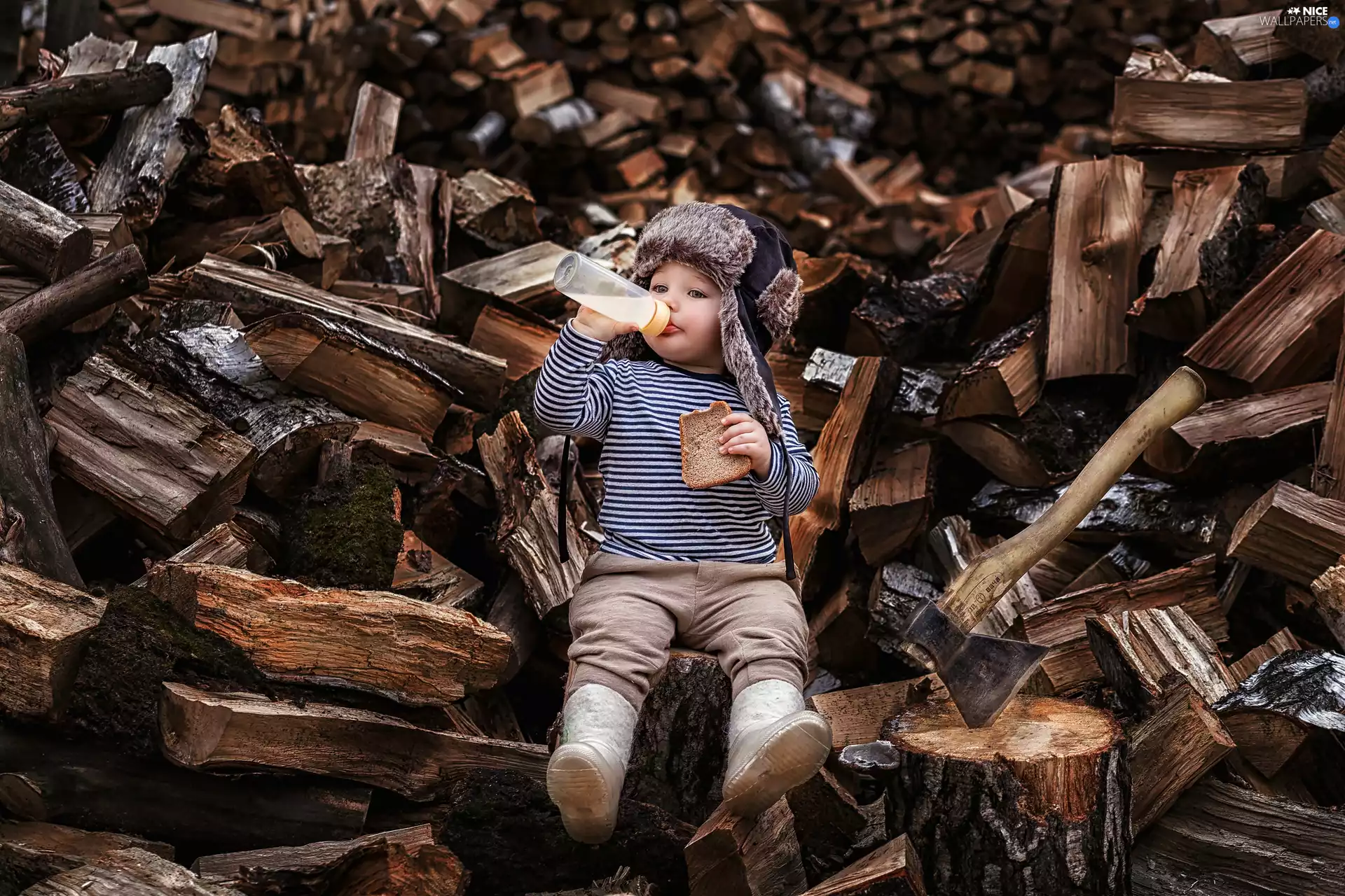 bread, Kid, Wood, ax, Chopped, milk