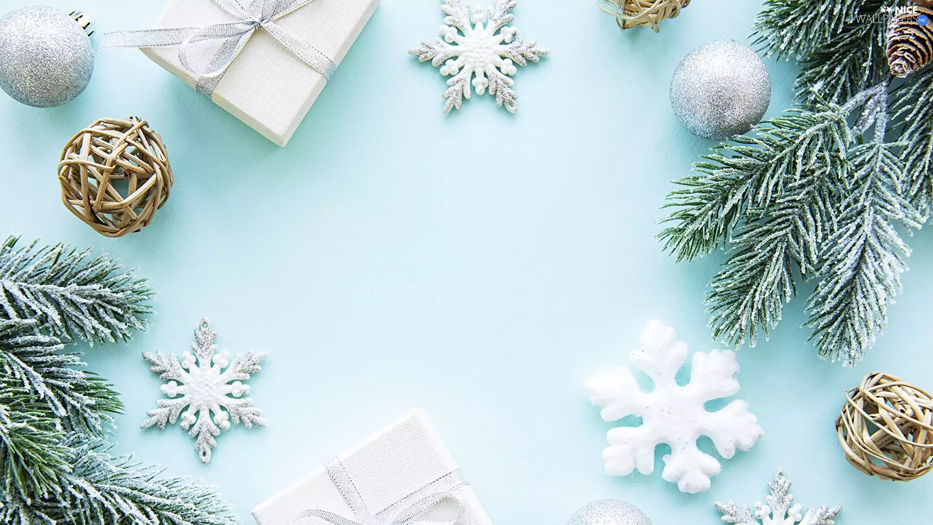 baubles, gifts, Blue, Twigs, Christmas, Snow White, background