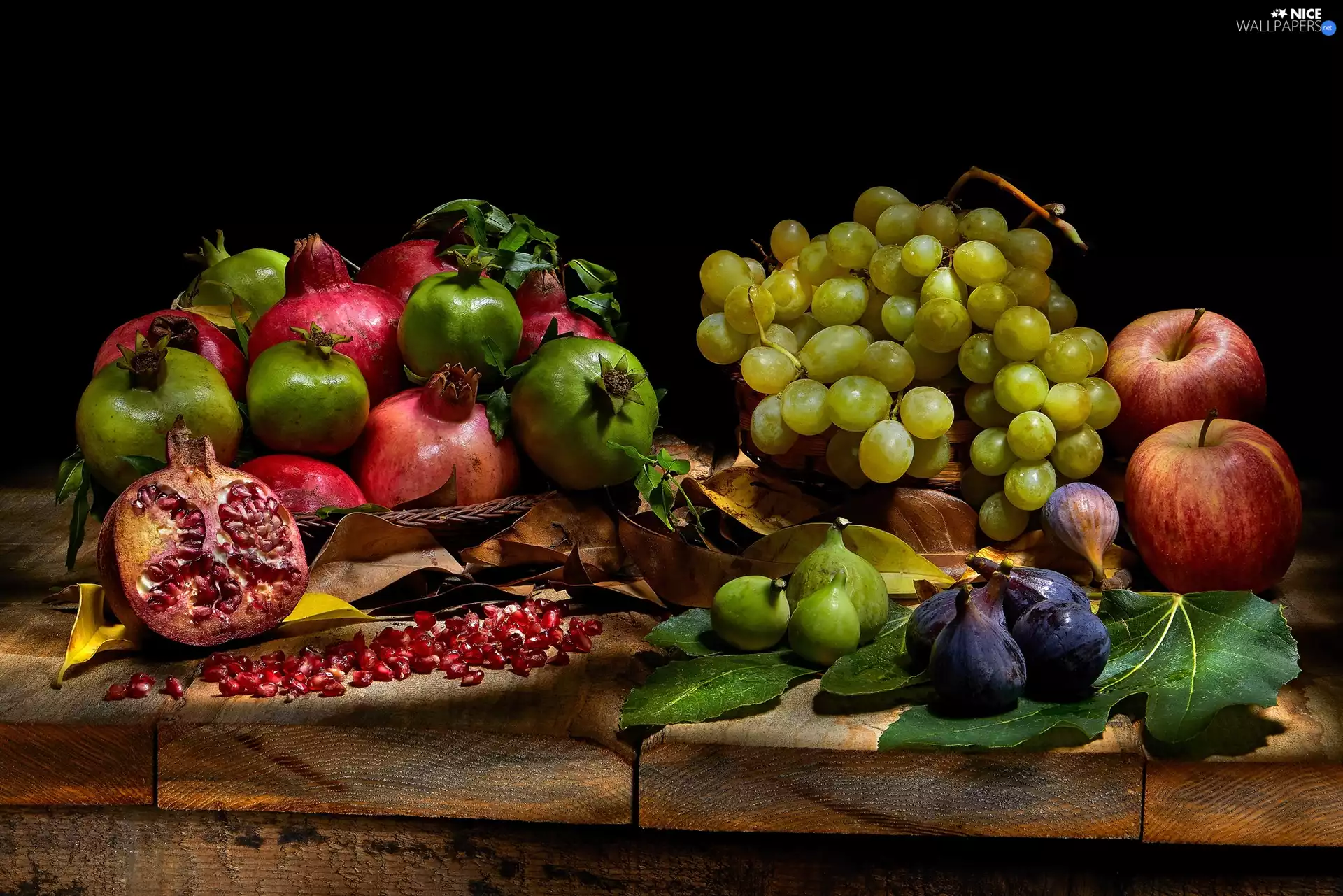 Grapes, grenades, boarding, figs, Fruits, apples, black background