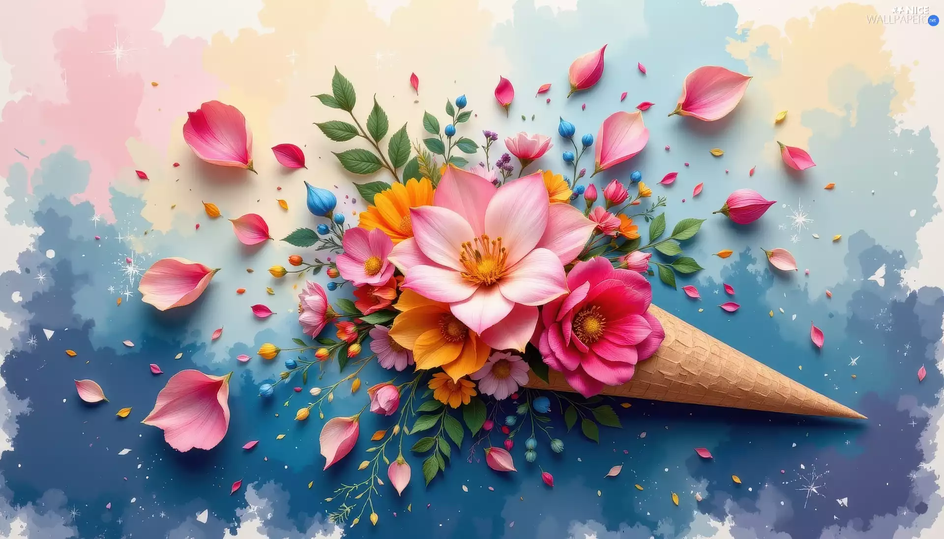 Waffle, background, flakes, Horn, Flowers