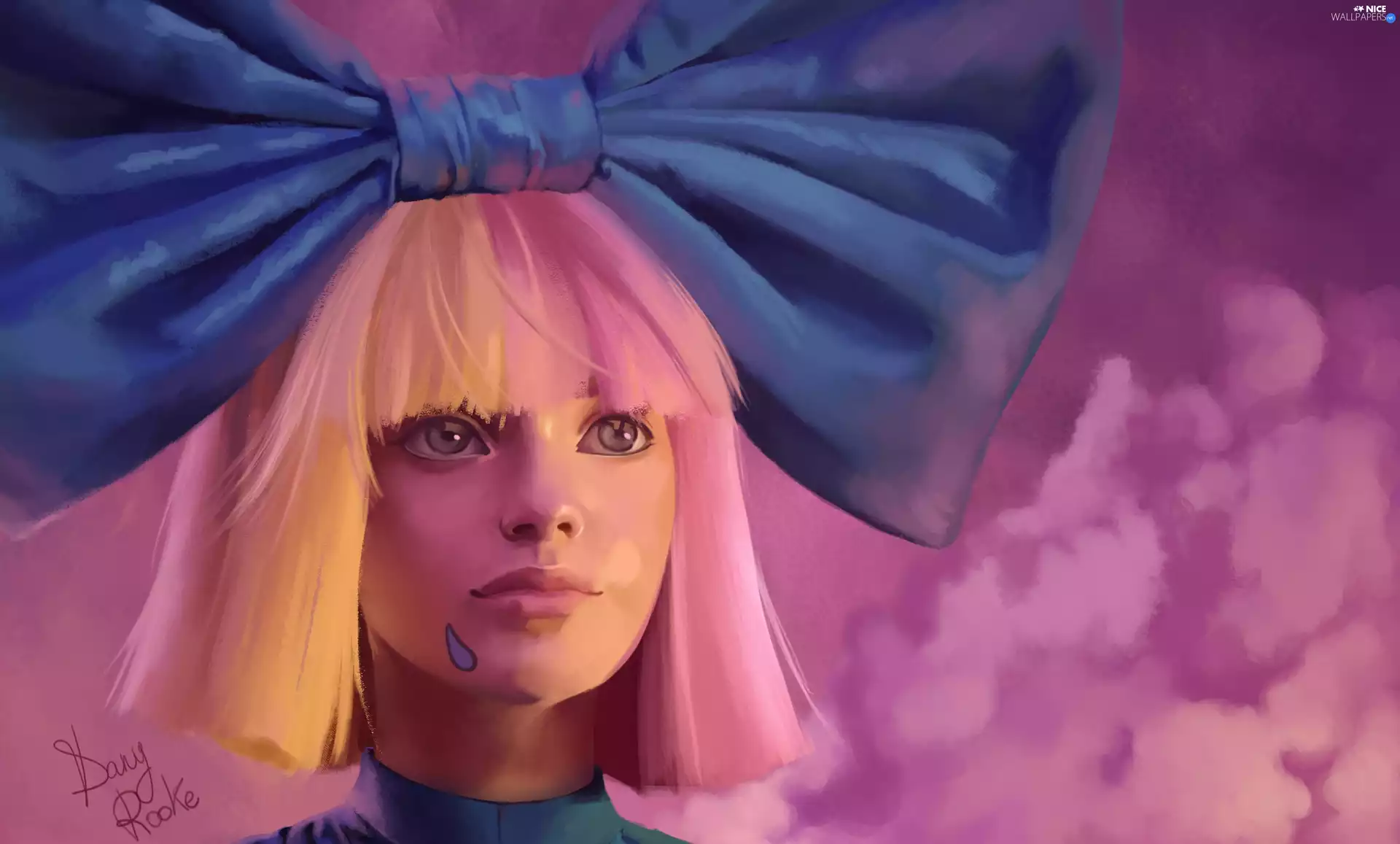 Blue, Blonde, Pink, background, bow, girl